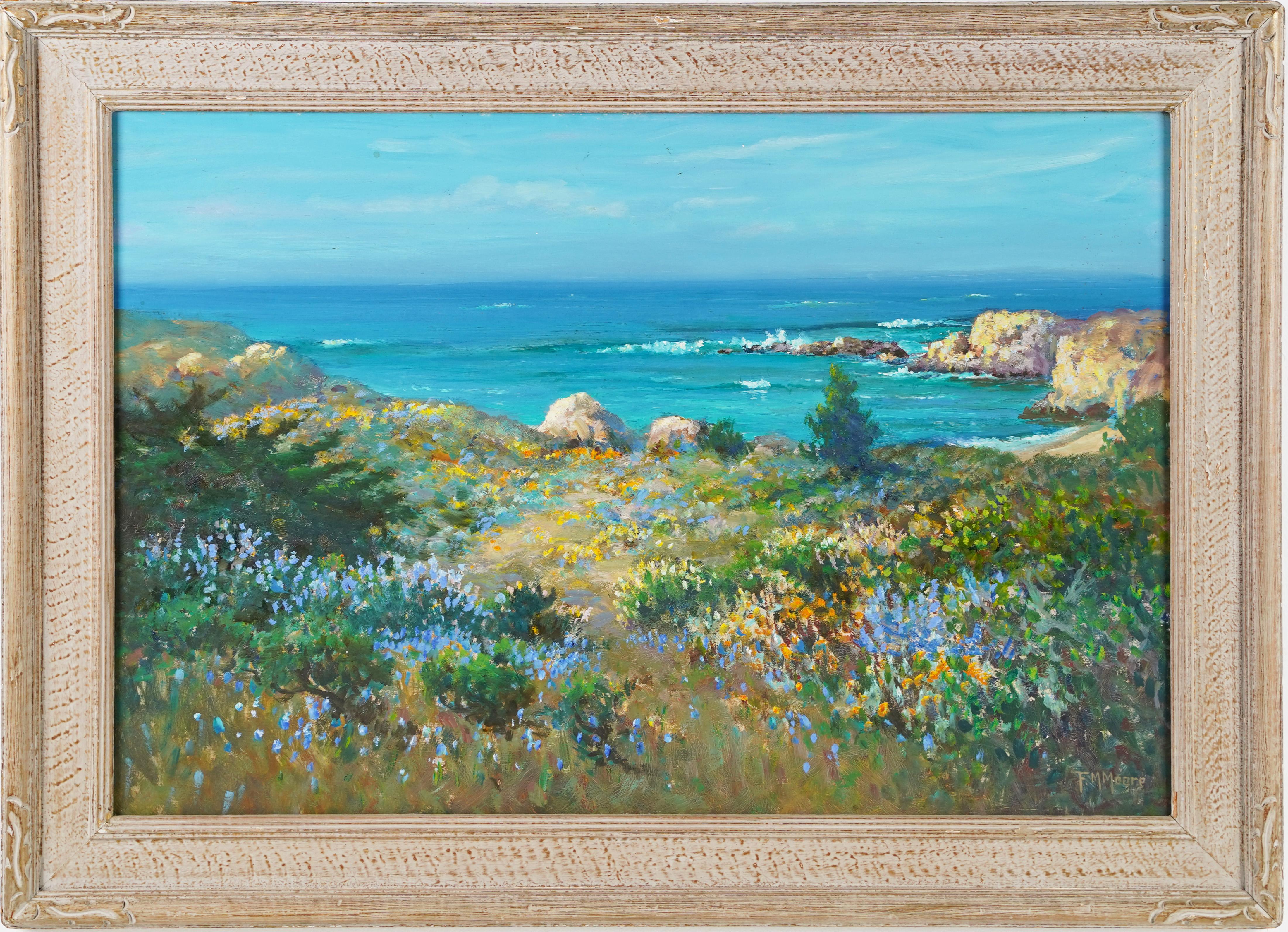 Frank Montague Moore Landscape Painting - "Morning Calm" California Coast Beach Seascape Impressionist Framed Oil Painting
