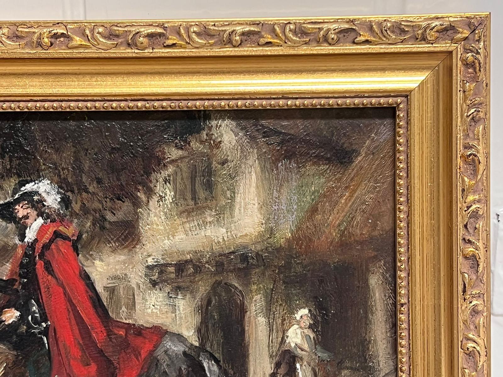 1940's Original British Oil Painting Cavalry Musketeers on Horseback Tavern - Black Figurative Painting by Frank Moss Bennett