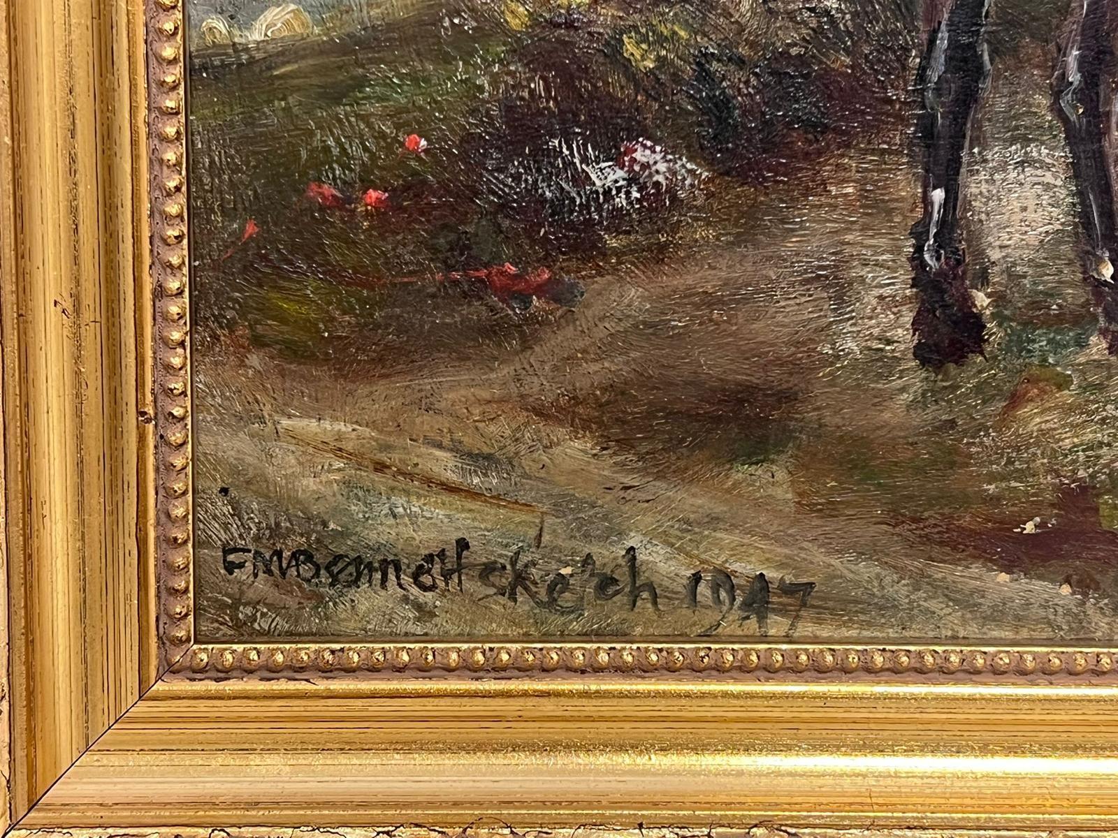 Stopping for Directions
by Frank Moss Bennett (1874-1953)
signed
dated 1947
oil on board, framed
framed: 10 x 14.75 inches
board: 8 x 13 inches
provenance: private collection, England
condition: very good and sound condition
