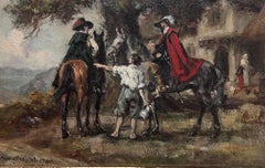 Peinture à l'huile britannique originale des années 1940 - Musketeers de cavalerie à cheval sur taverne