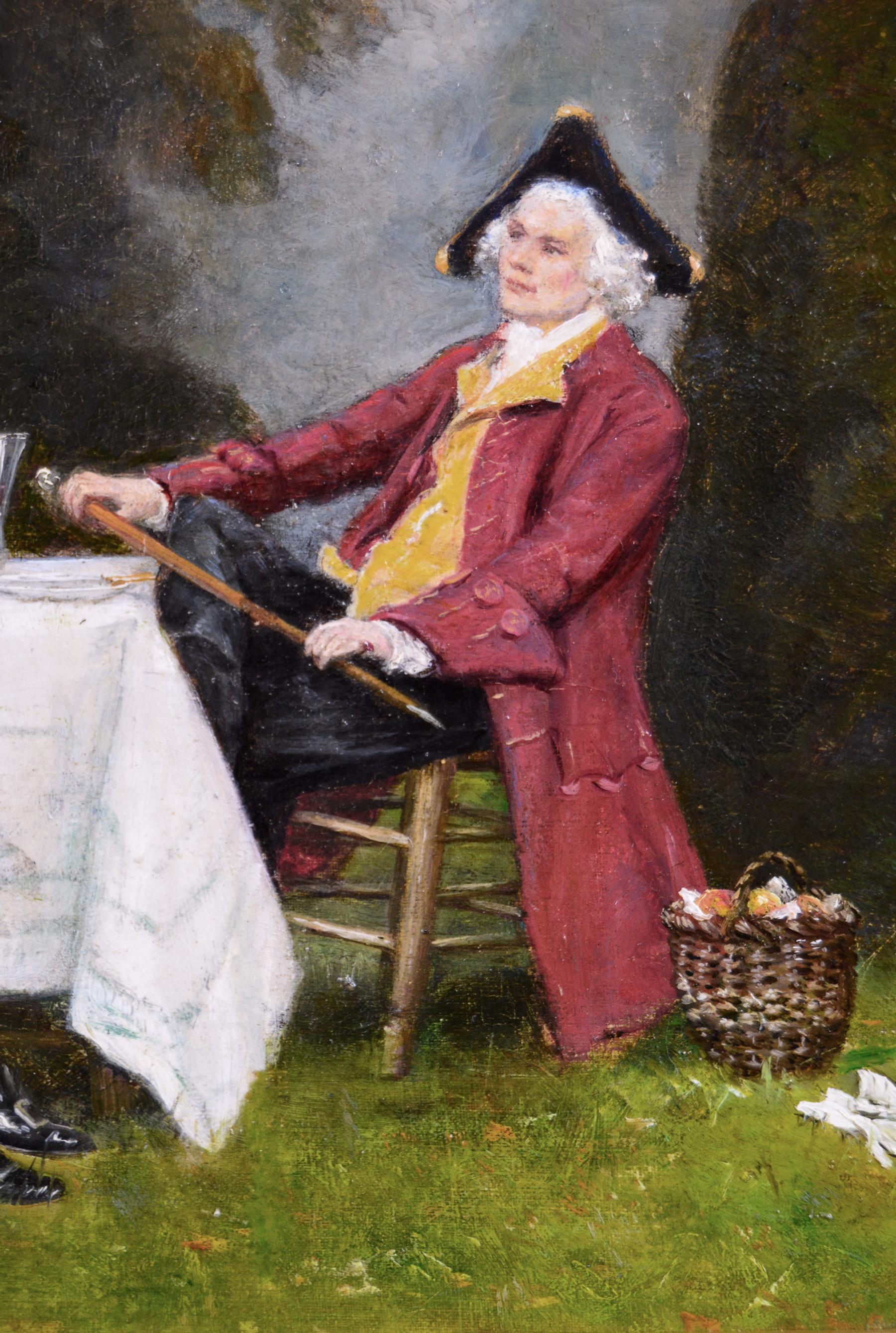 Genre-Ölgemälde zweier Gentlemen in einem Garten aus dem 19. Jahrhundert – Painting von Frank Moss Bennett