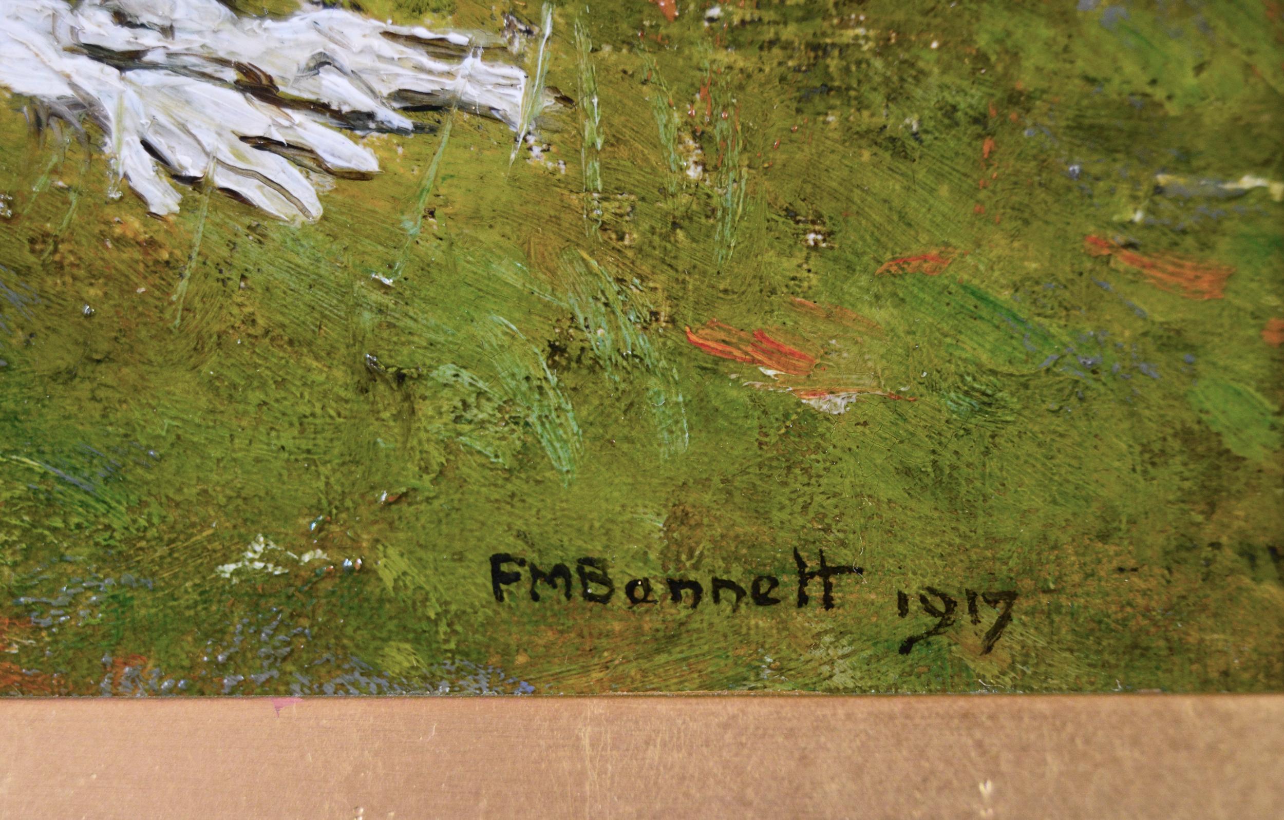 Frank Franks Bennett
Britannique, (1874-1952)
Dans le jardin
Huile sur panneau, signée et datée 1917
Taille de l'image : 11 pouces x 13,5 pouces 
Dimensions, y compris le cadre : 20 pouces x 22,5 pouces

Charmante scène de genre représentant deux