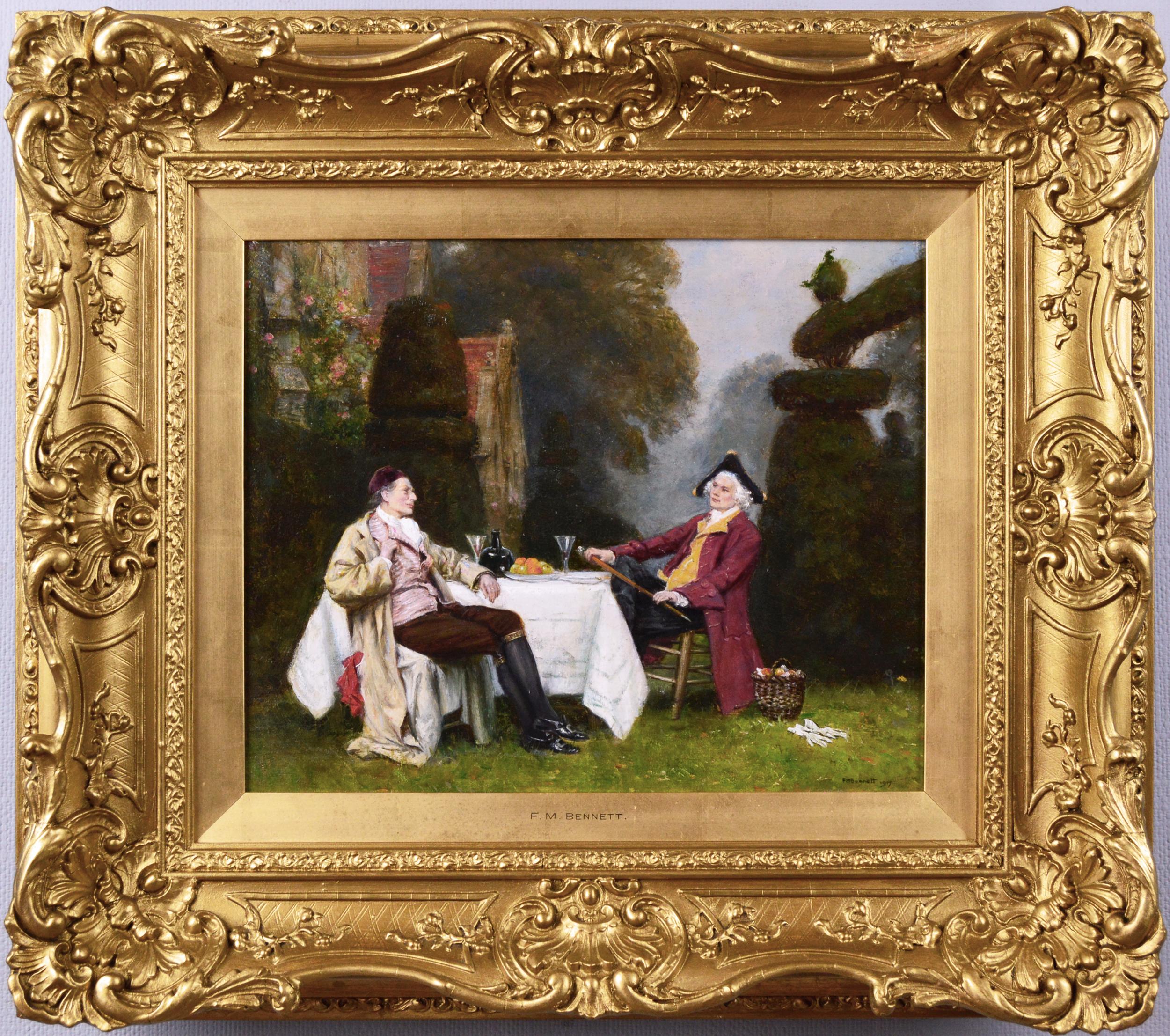 Figurative Painting Frank Moss Bennett - Peinture à l'huile de genre du 19e siècle représentant deux messieurs dans un jardin 