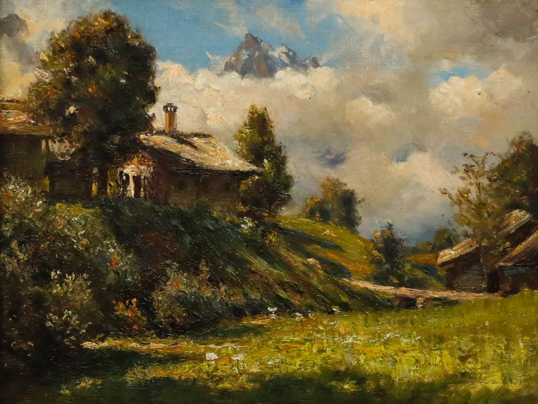 Attribuire. Frank Moss Bennetts (1874-1953) - Olio incorniciato, Chalet sulle Alpi svizzere 1