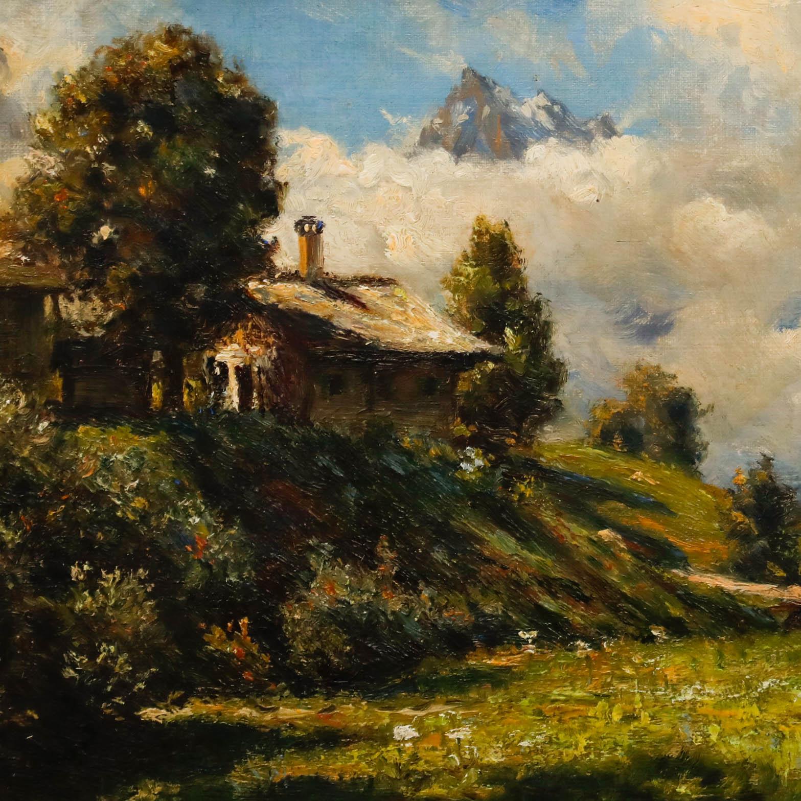 Attribuire. Frank Moss Bennetts (1874-1953) - Olio incorniciato, Chalet sulle Alpi svizzere 3