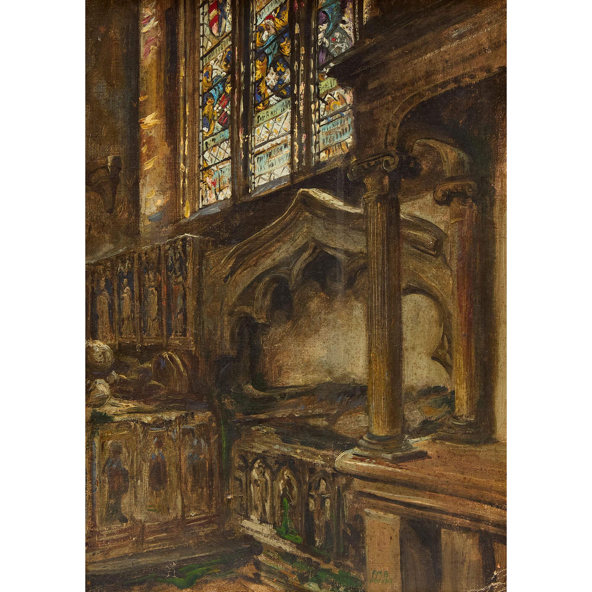 Peinture à l'huile anglaise du début du 20e siècle représentant une chapelle par Frank Moss Bennetts en vente 1