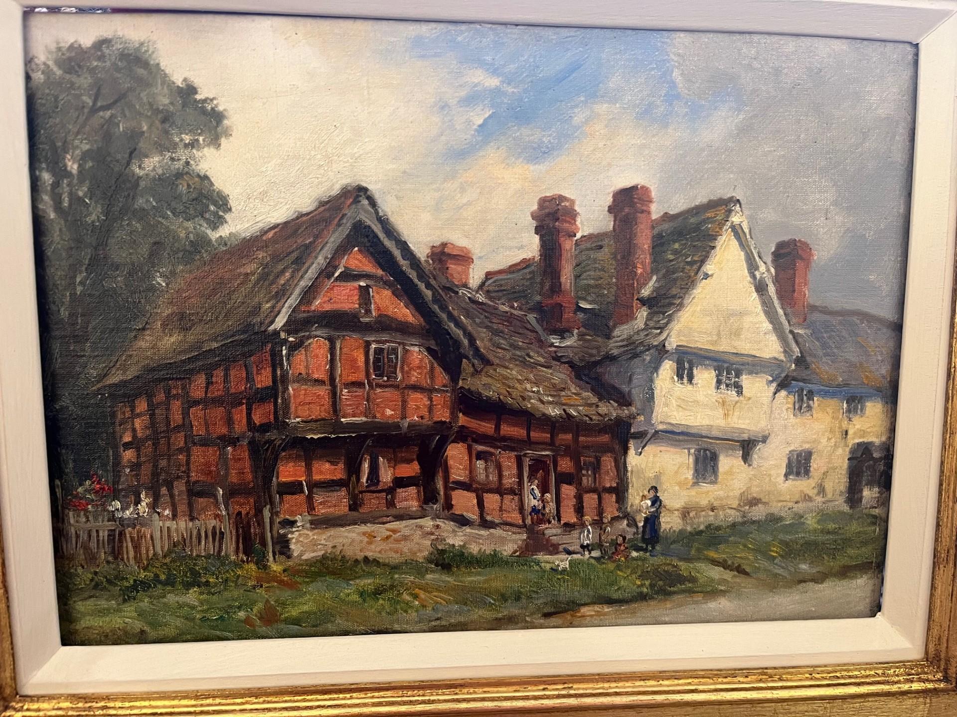 Pittura di villaggio inglese in bianco e nero dei primi del Novecento in stile vittoriano - Painting Vittoriano di Frank Moss Bennett