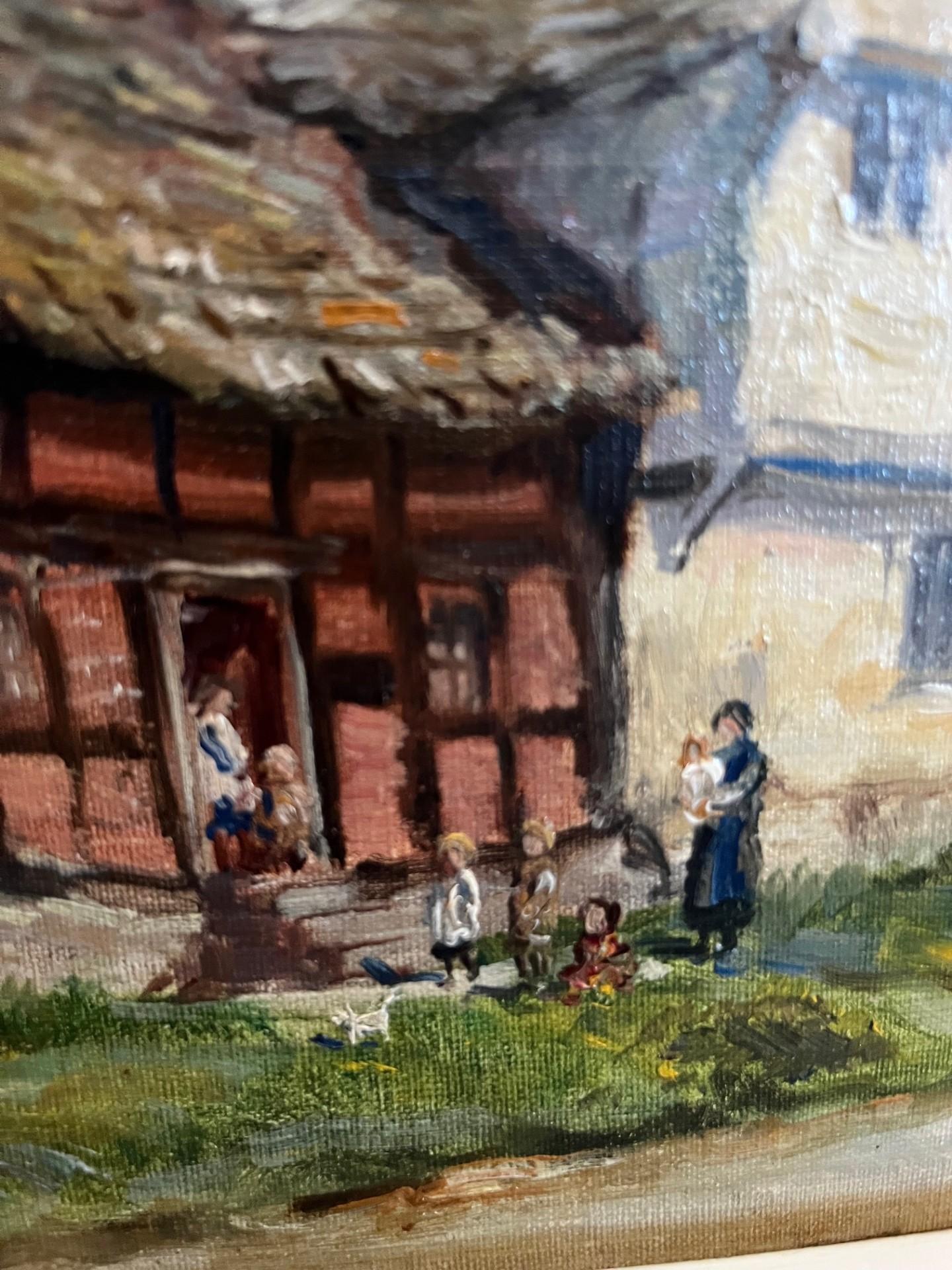 Pittura di villaggio inglese in bianco e nero dei primi del Novecento in stile vittoriano in vendita 2