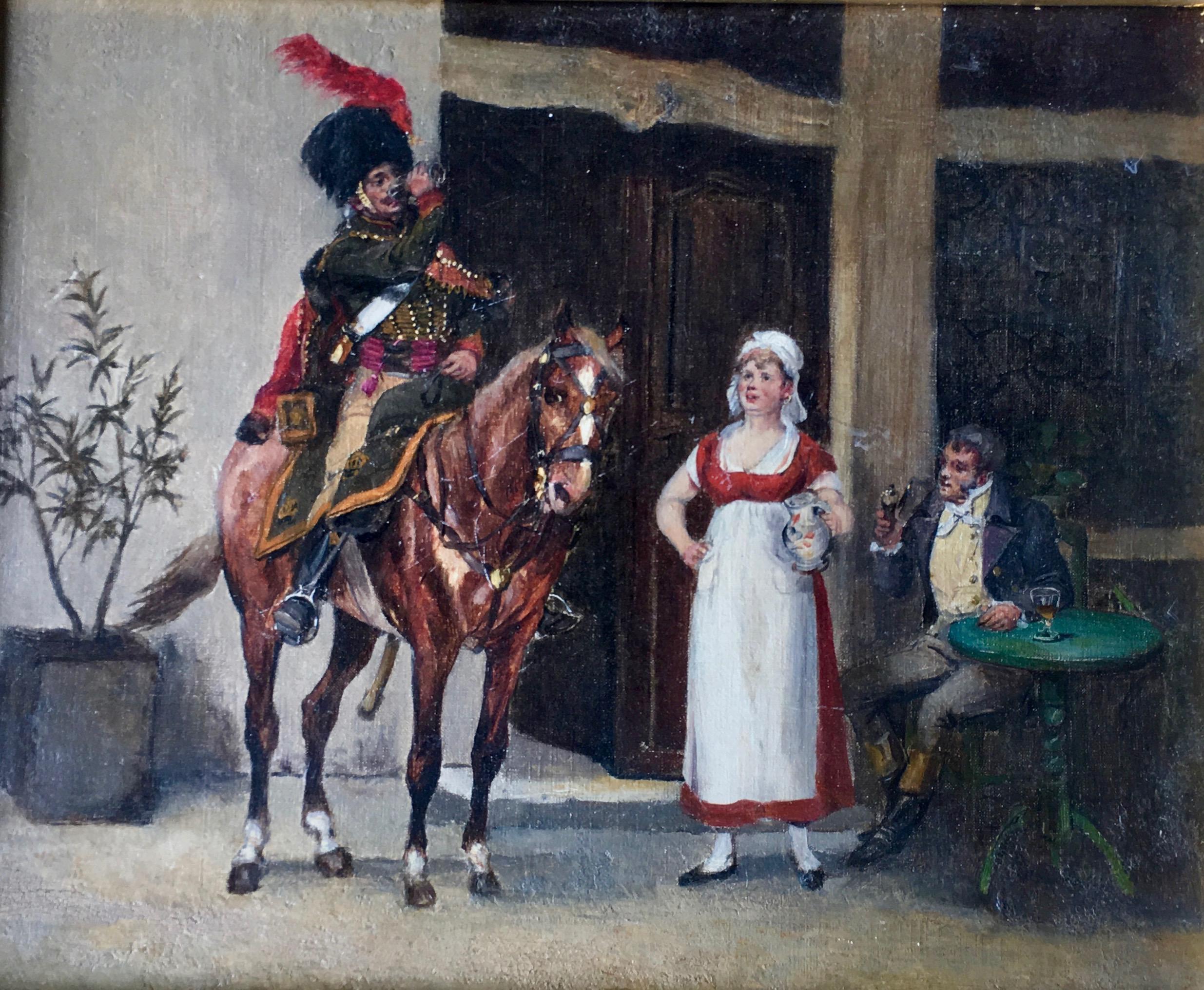 A  French Chasseur a Cheval de la Garde Imperiale, drinking outside a Inn or Pub - Painting by Frank Moss Bennett