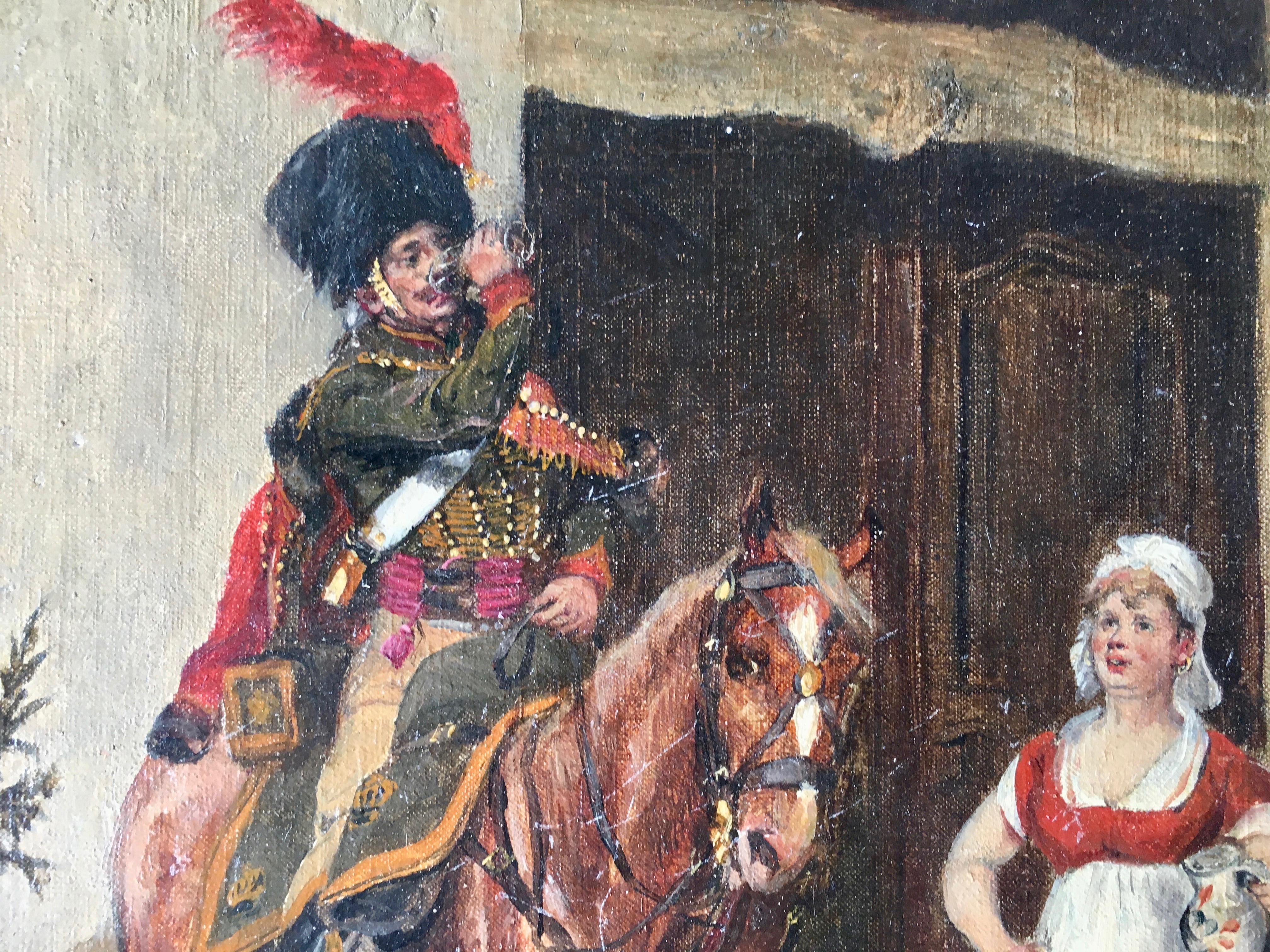 A  Chasseur français un Cheval de la Garde Imperiale, boignant à l'extérieur d'une auberge ou d'un pub - Victorien Painting par Frank Moss Bennett