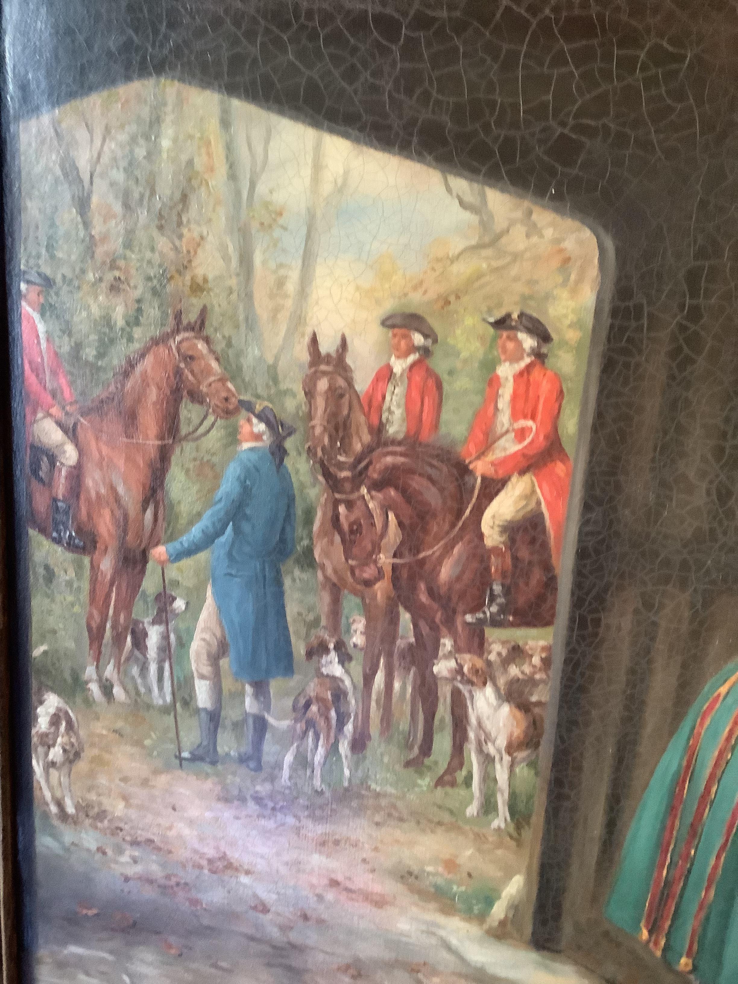 English oil, Group of men, horses drinking outside an Inn before the fox hunt - Painting by Frank Moss Bennett