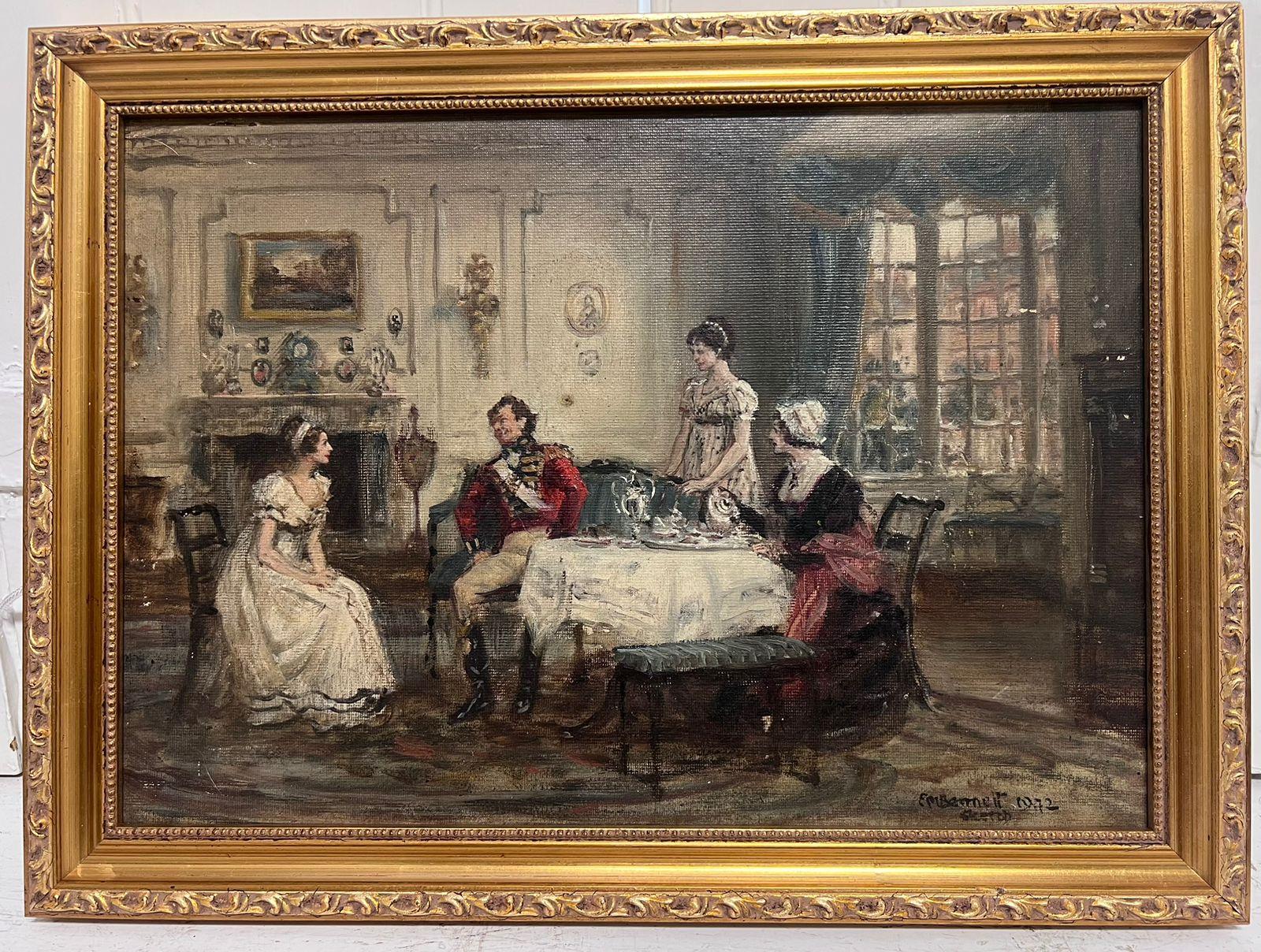 Pittura ad olio britannica elegante Figure georgiane Tè pomeridiano Grande Interno - Painting di Frank Moss Bennett