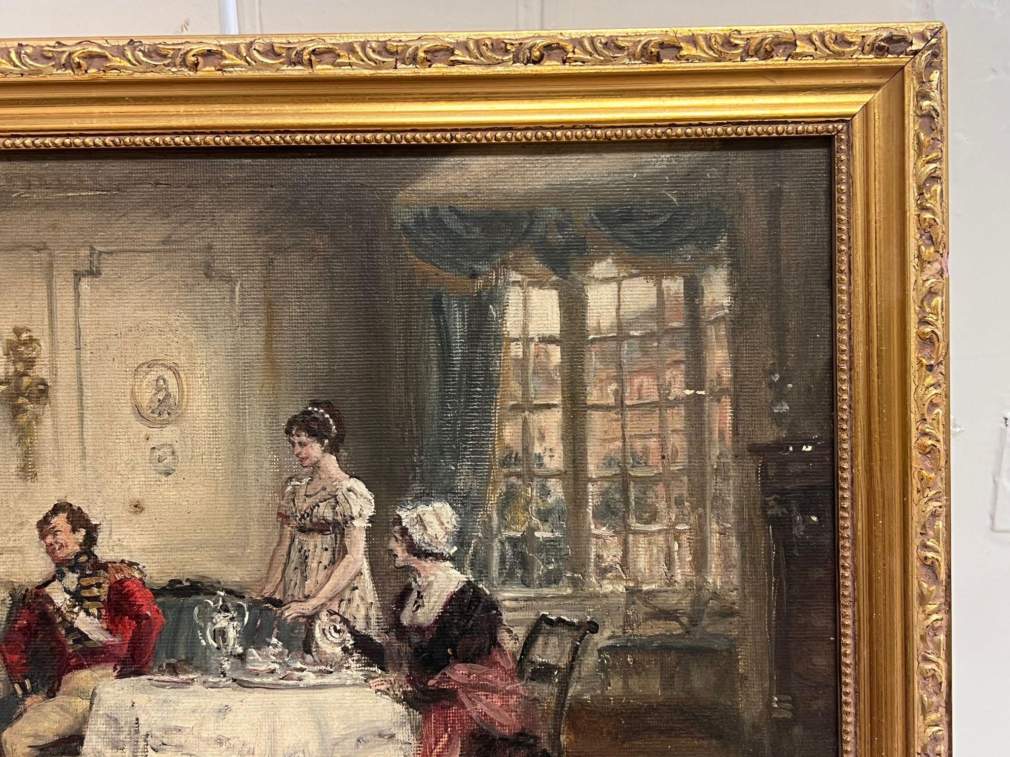 Pittura ad olio britannica elegante Figure georgiane Tè pomeridiano Grande Interno - Painting Vittoriano di Frank Moss Bennett
