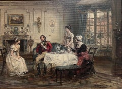 Belle peinture à l'huile britannique - Figures géorgiennes élégantes - Grand intérieur pour le thé d'après-midi