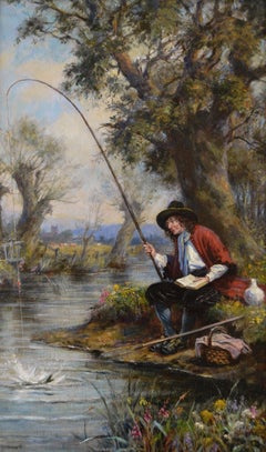 Genre landscape oil painting of an angler by a river