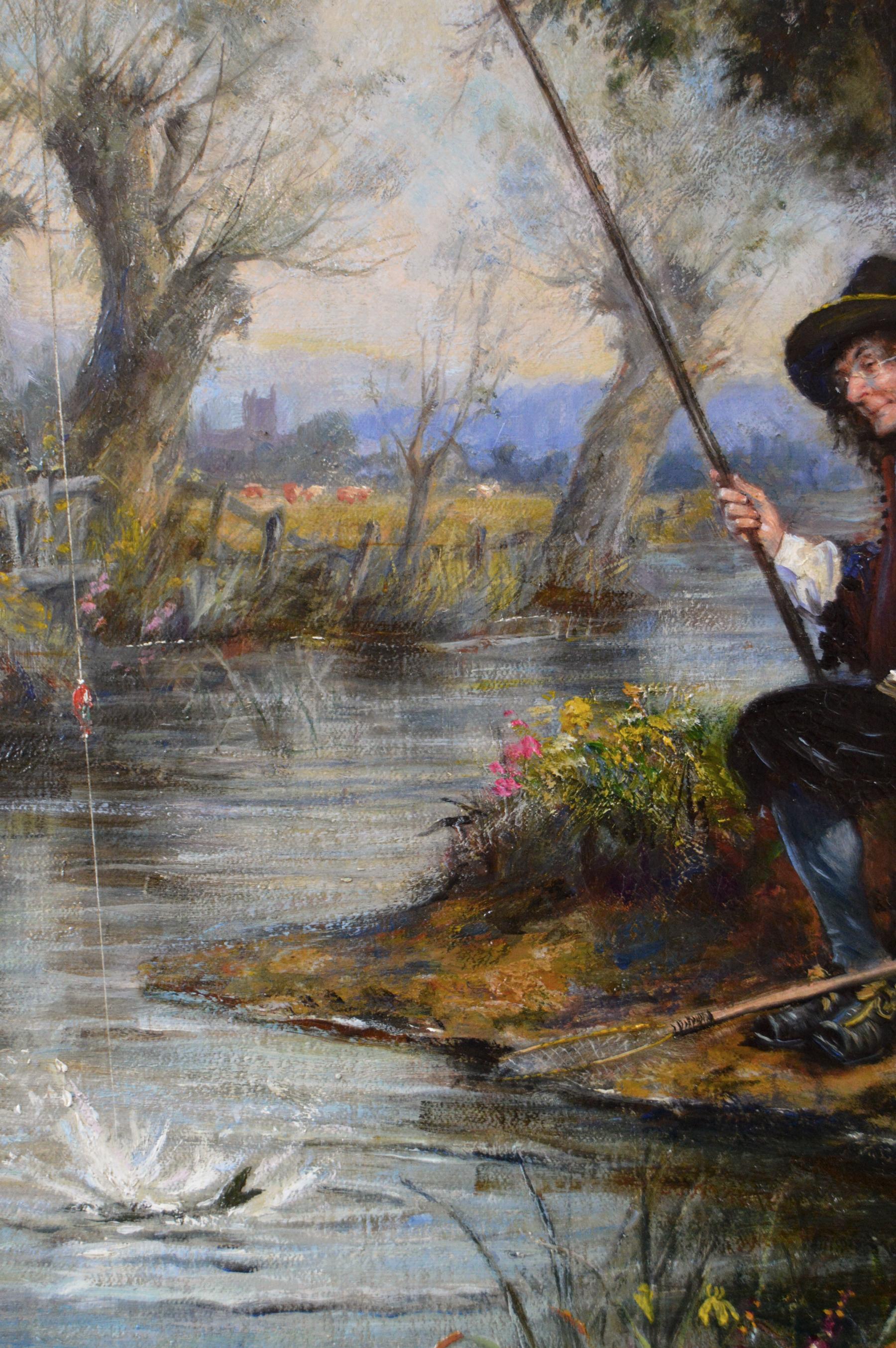 Seltenes Ölgemälde eines Anglers an einem Fluss (Grau), Figurative Painting, von Frank Moss Bennett