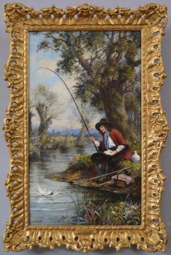 Genre landscape oil painting of an angler by a river