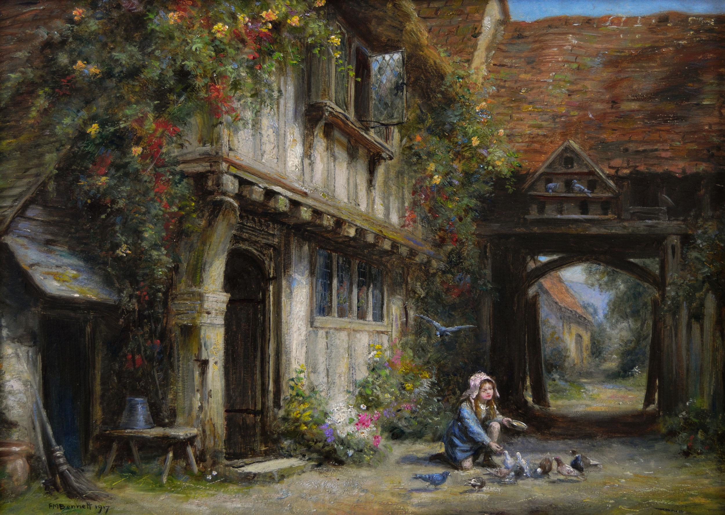 Genre oil painting of a girl feeding pigeons outside a house - Painting by Frank Moss Bennett