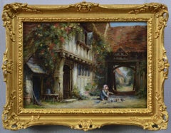 Genre oil painting of a girl feeding pigeons outside a house