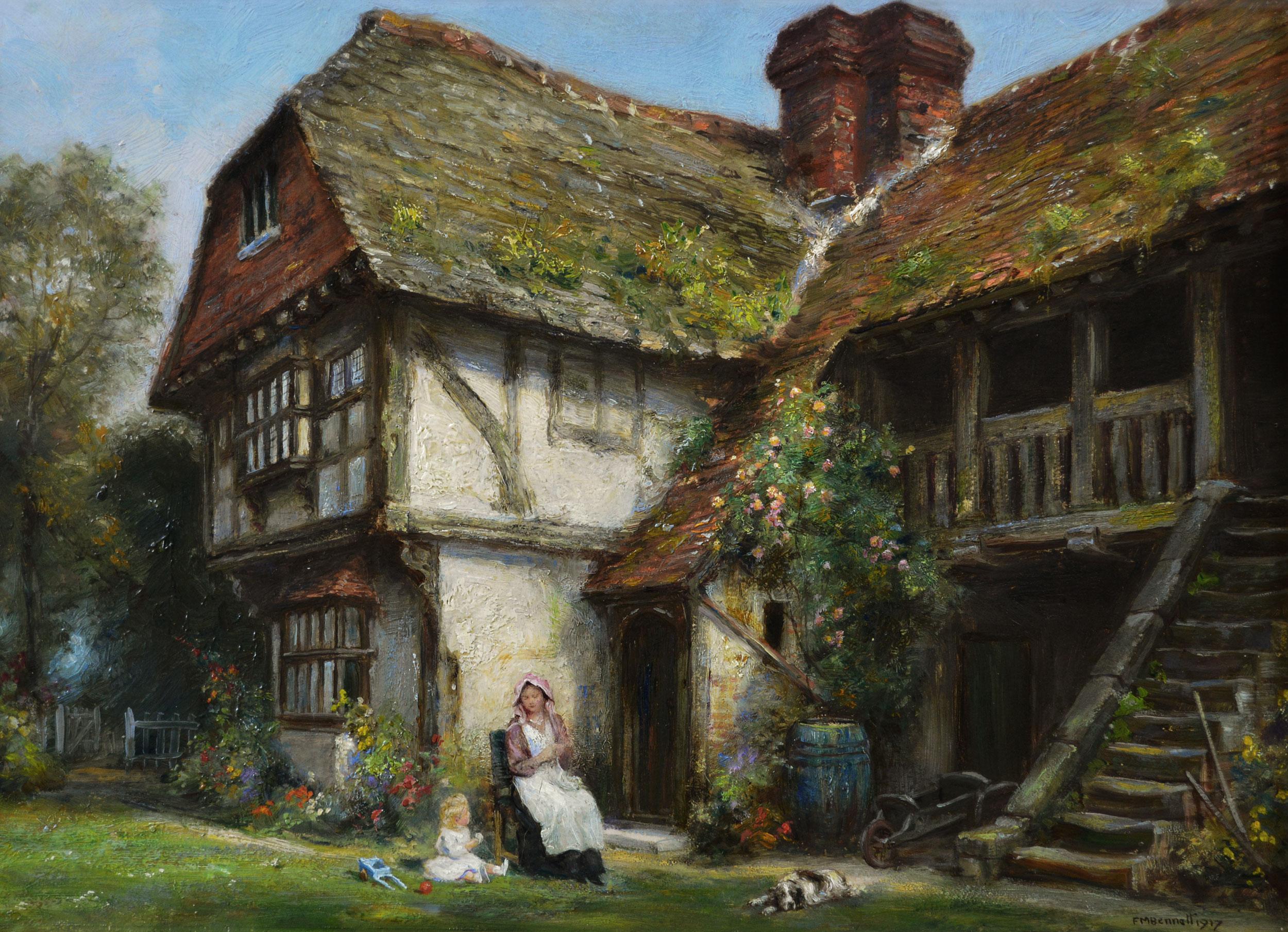 Genre oil painting of a woman & child in a garden - Painting by Frank Moss Bennett