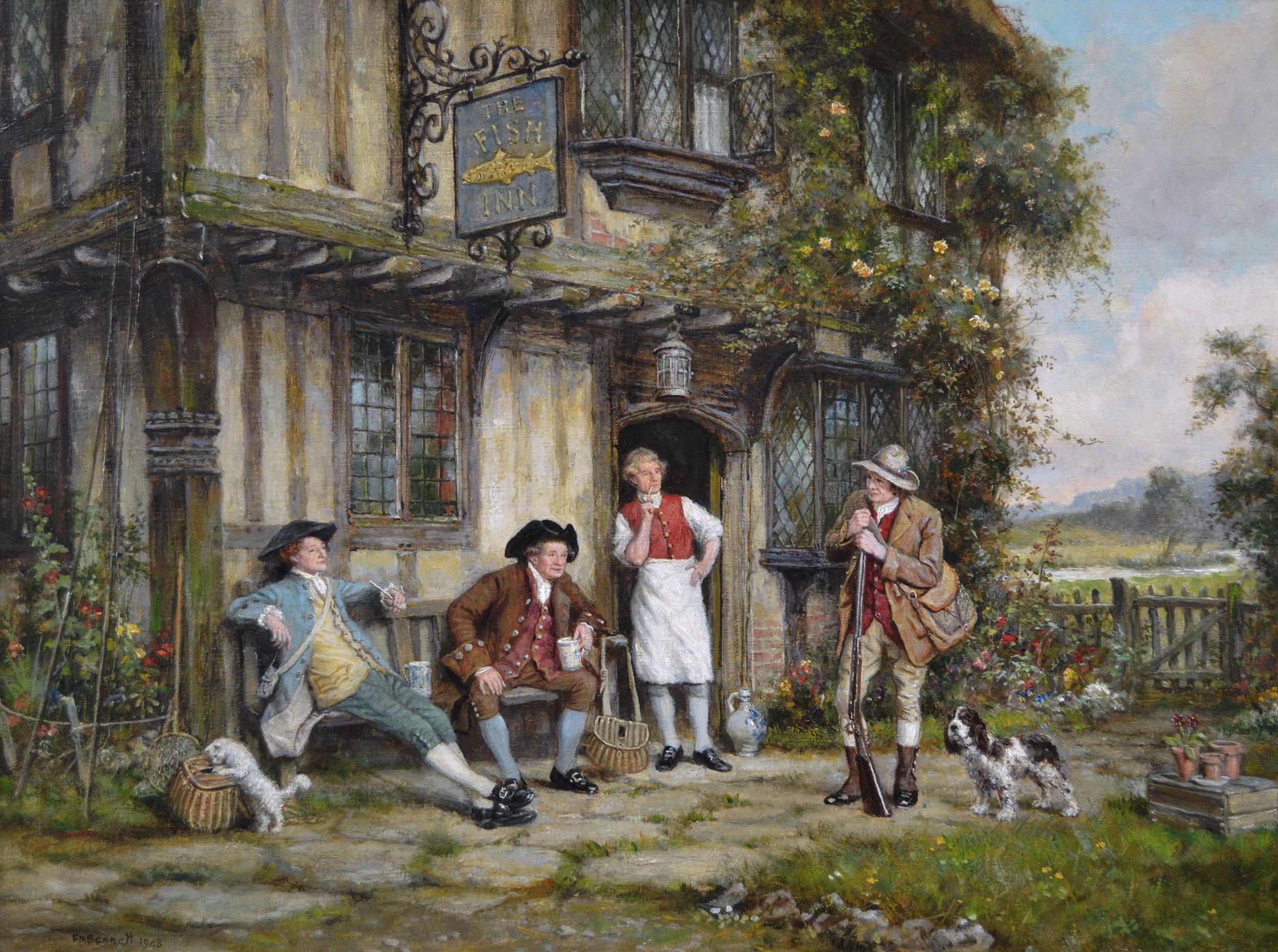 Genre oil painting of hunters outside a tavern - Painting by Frank Moss Bennett