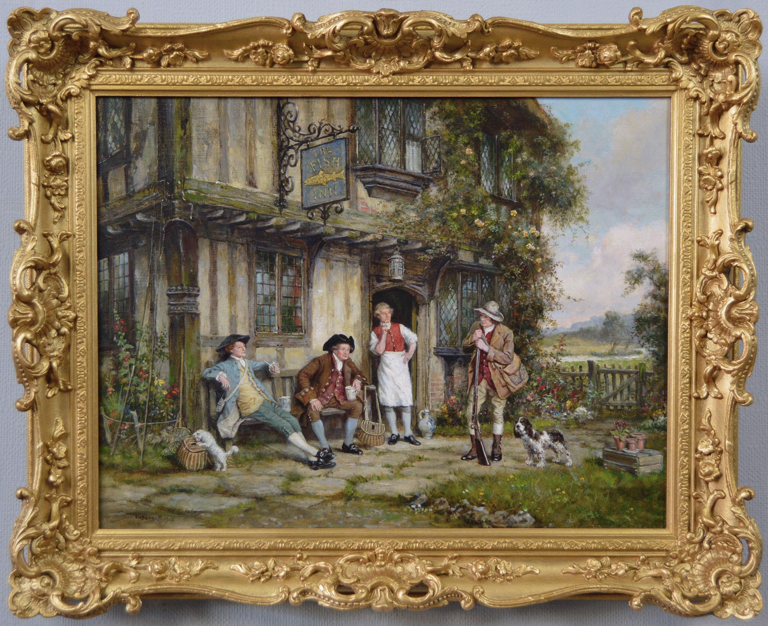 Frank Moss Bennett Animal Painting - Genre oil painting of hunters outside a tavern