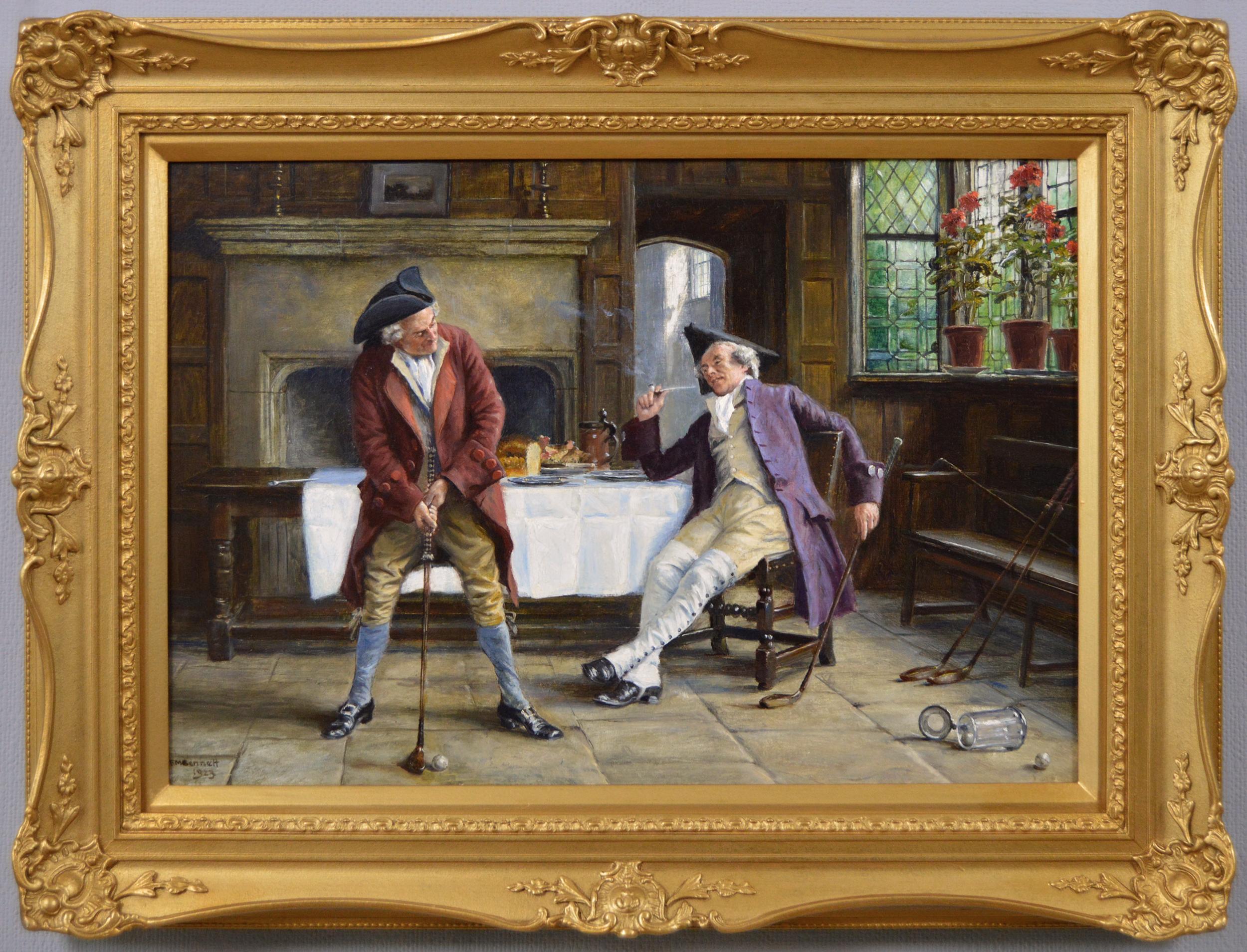Genre oil painting of of two gentlemen practicing golf 