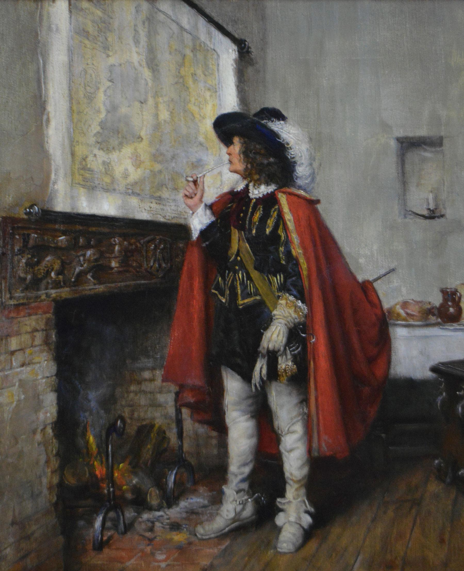 Dipinto a olio di genere storico raffigurante un cavaliere che studia una mappa - Painting di Frank Moss Bennett