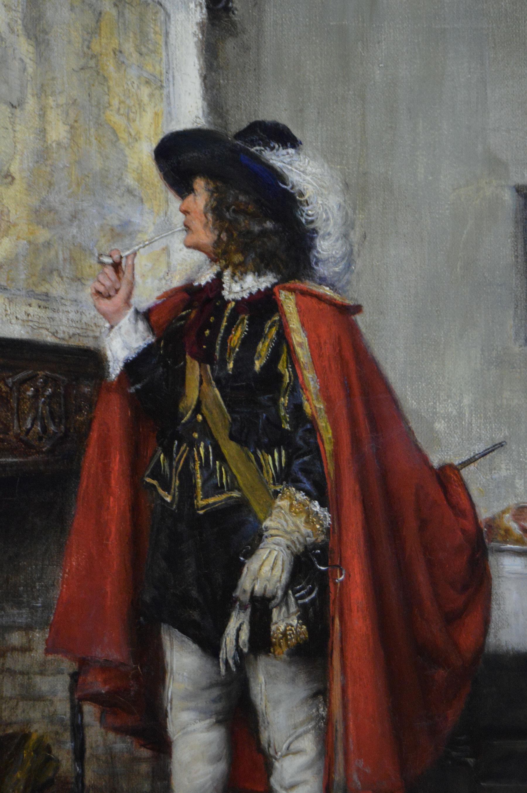 Dipinto a olio di genere storico raffigurante un cavaliere che studia una mappa - Painting Vittoriano di Frank Moss Bennett