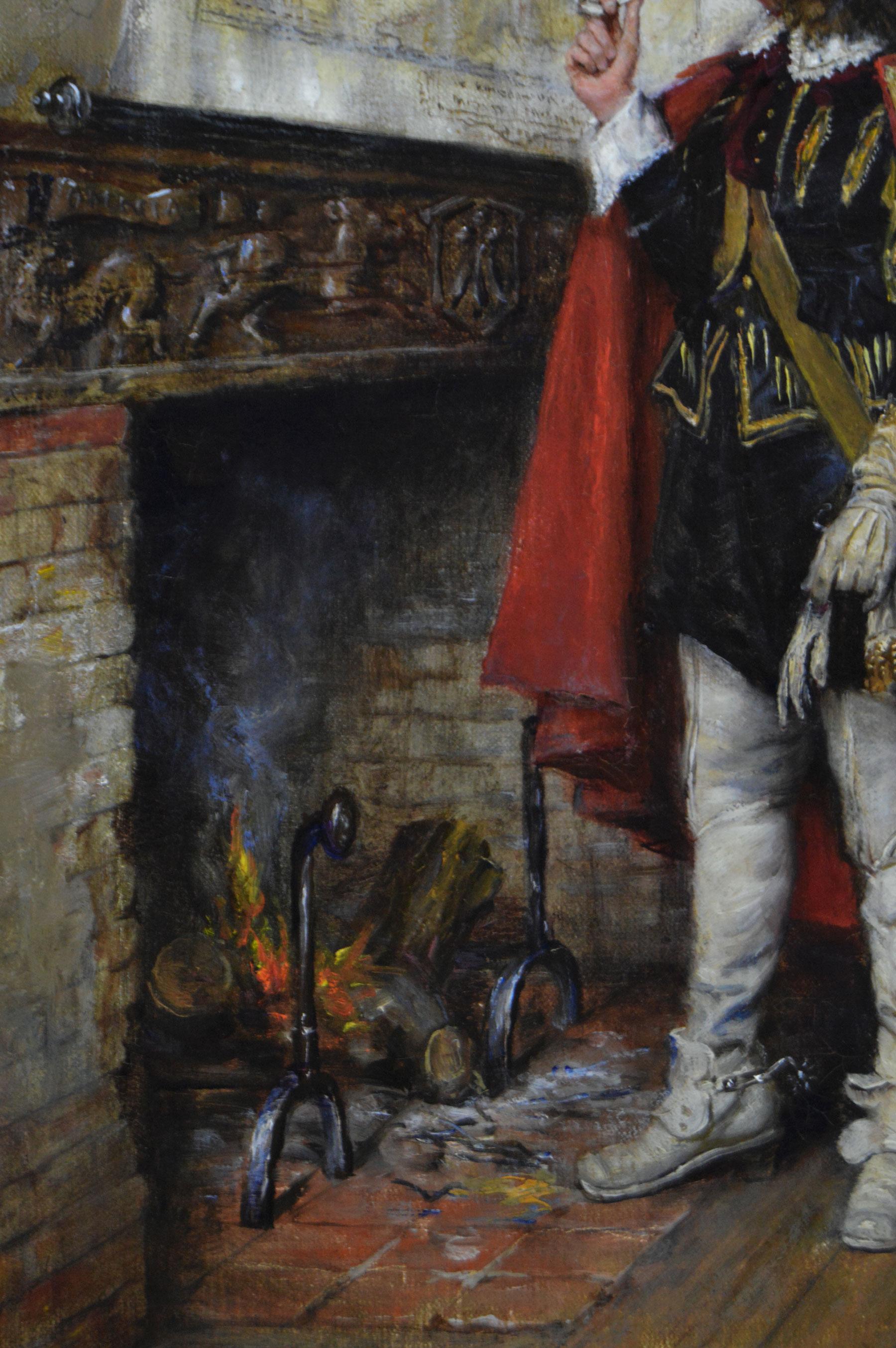 Dipinto a olio di genere storico raffigurante un cavaliere che studia una mappa - Figurative Painting Marrone di Frank Moss Bennett