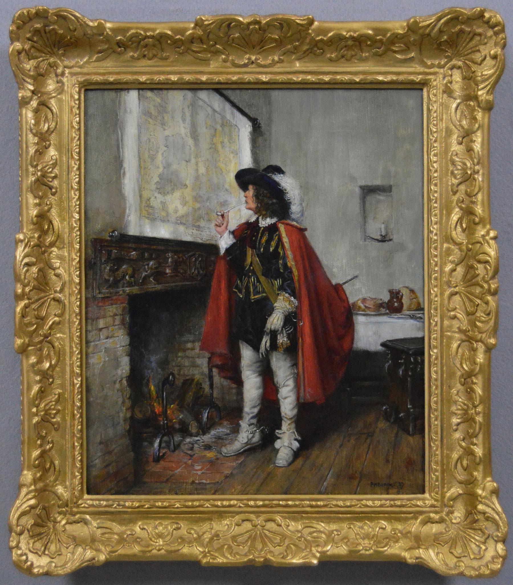 Figurative Painting di Frank Moss Bennett - Dipinto a olio di genere storico raffigurante un cavaliere che studia una mappa