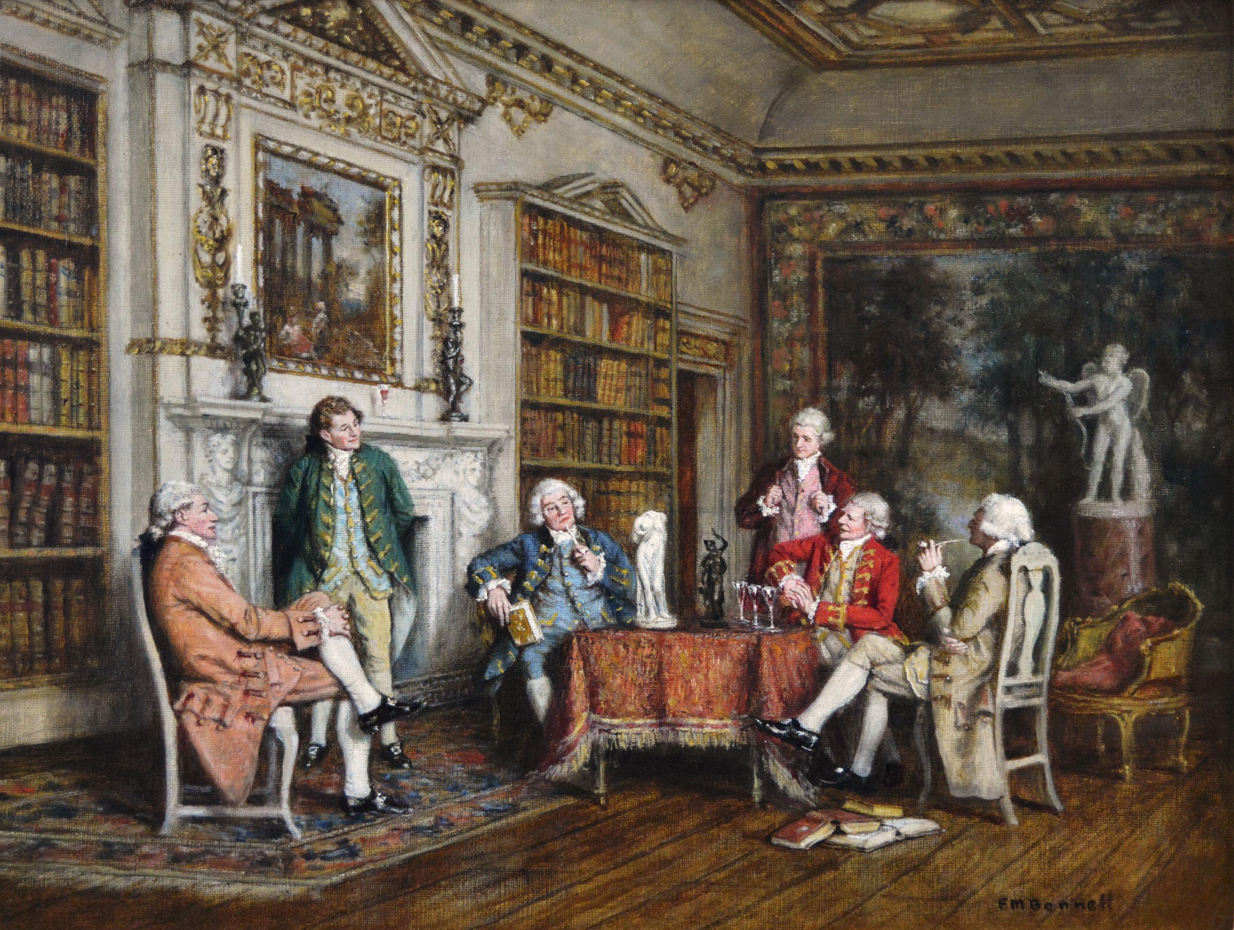 Dipinto a olio di genere storico raffigurante un gruppo di gentiluomini a tavola - Painting di Frank Moss Bennett