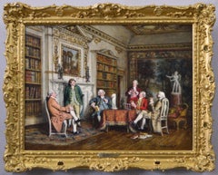 Antique Historical genre oil painting of a group of gentlemen at a table