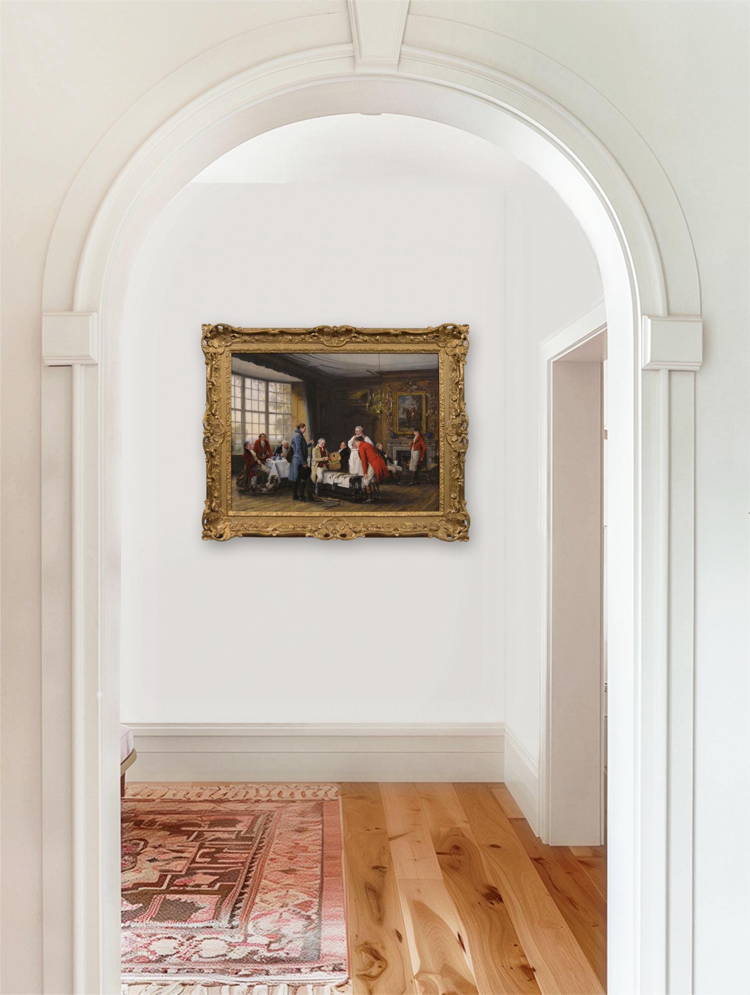 Historisches Genre-Ölgemälde einer Gruppe von Herren in einem Landhaus 6