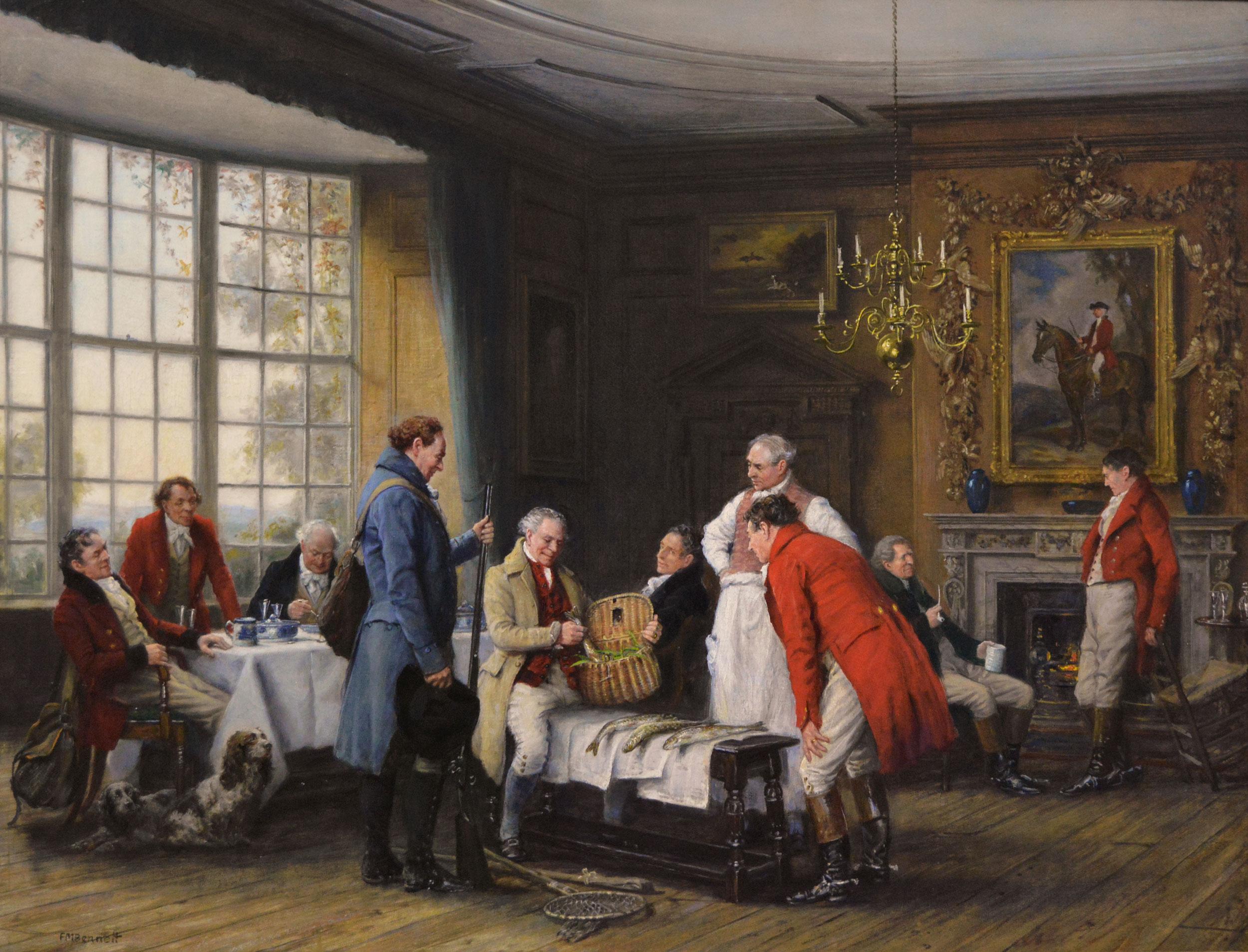 Historisches Genre-Ölgemälde einer Gruppe von Herren in einem Landhaus – Painting von Frank Moss Bennett