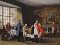 Historical genre oil painting of a group of gentlemen in a country house