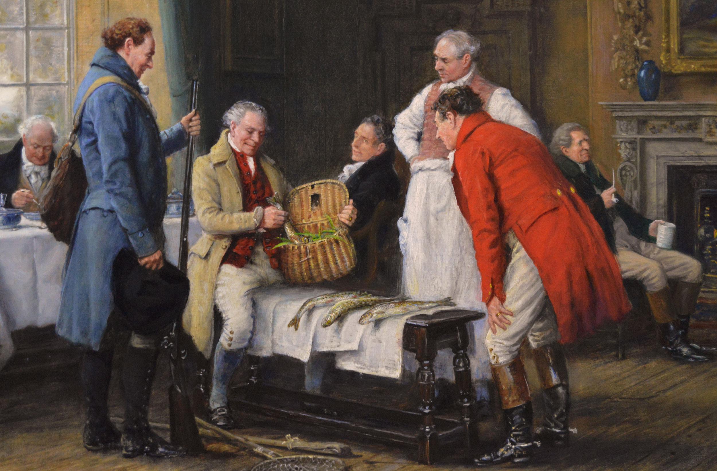 Historisches Genre-Ölgemälde einer Gruppe von Herren in einem Landhaus (Viktorianisch), Painting, von Frank Moss Bennett