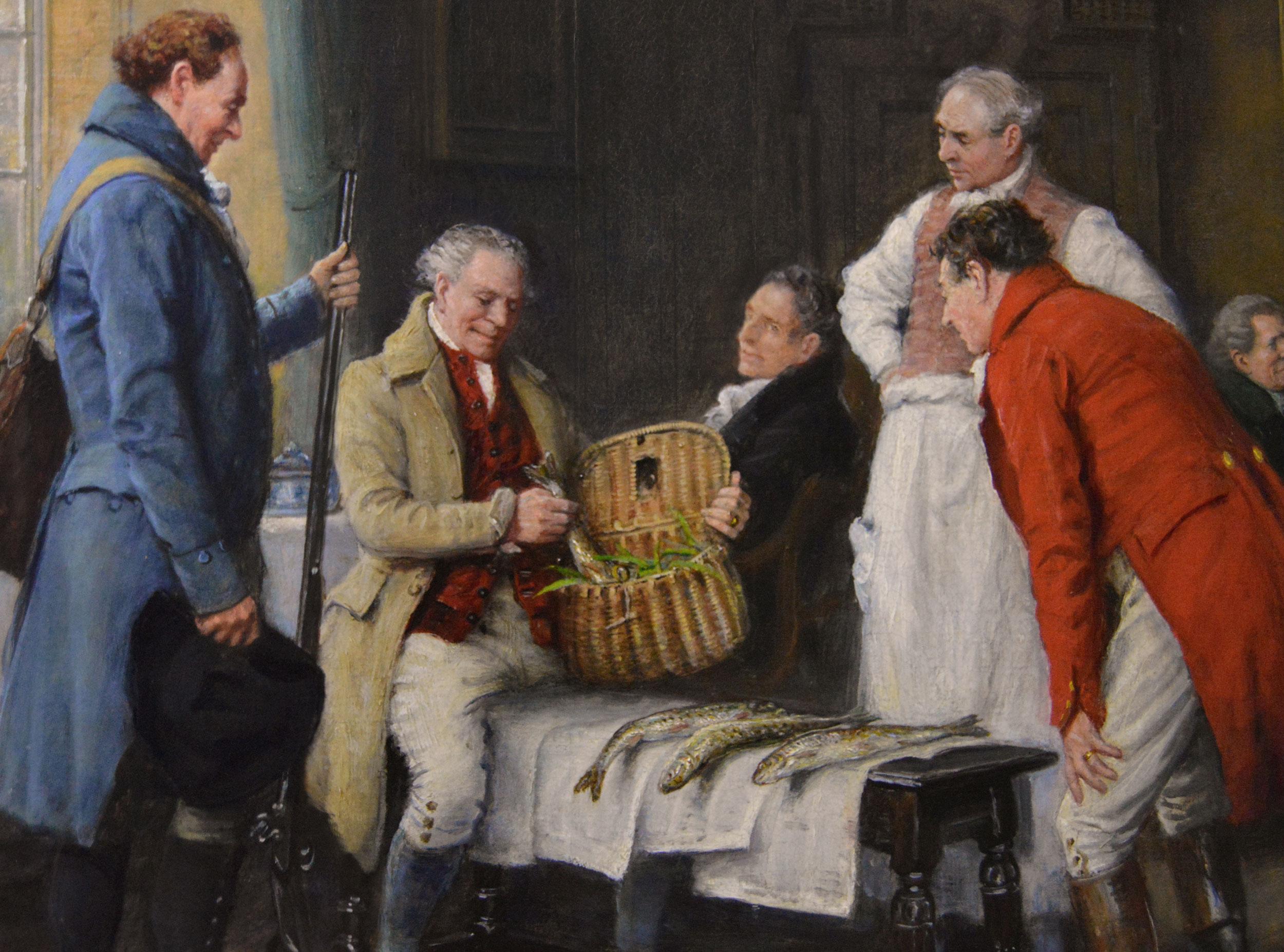 Historisches Genre-Ölgemälde einer Gruppe von Herren in einem Landhaus (Braun), Figurative Painting, von Frank Moss Bennett
