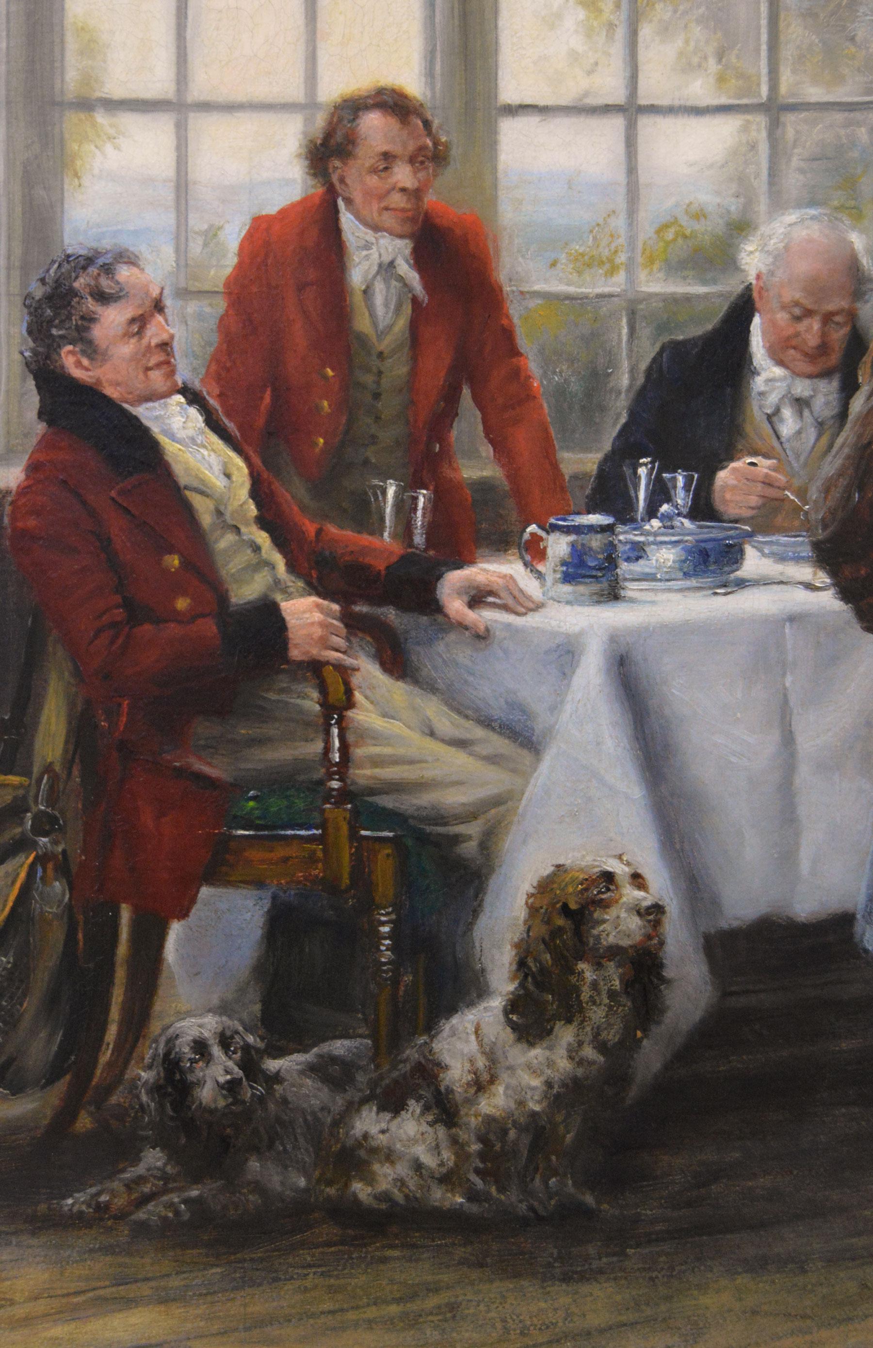 Frank Moss Bennett
Britisch, (1874-1952)
Den Tag besprechen
Öl auf Leinwand, signiert
Bildgröße: 25,5 Zoll x 33,5 Zoll 
Größe einschließlich Rahmen: 34,25 Zoll x 42,25 Zoll

Ein gut beobachtetes Gemälde von Frank Moss Bennett mit einer Gruppe von