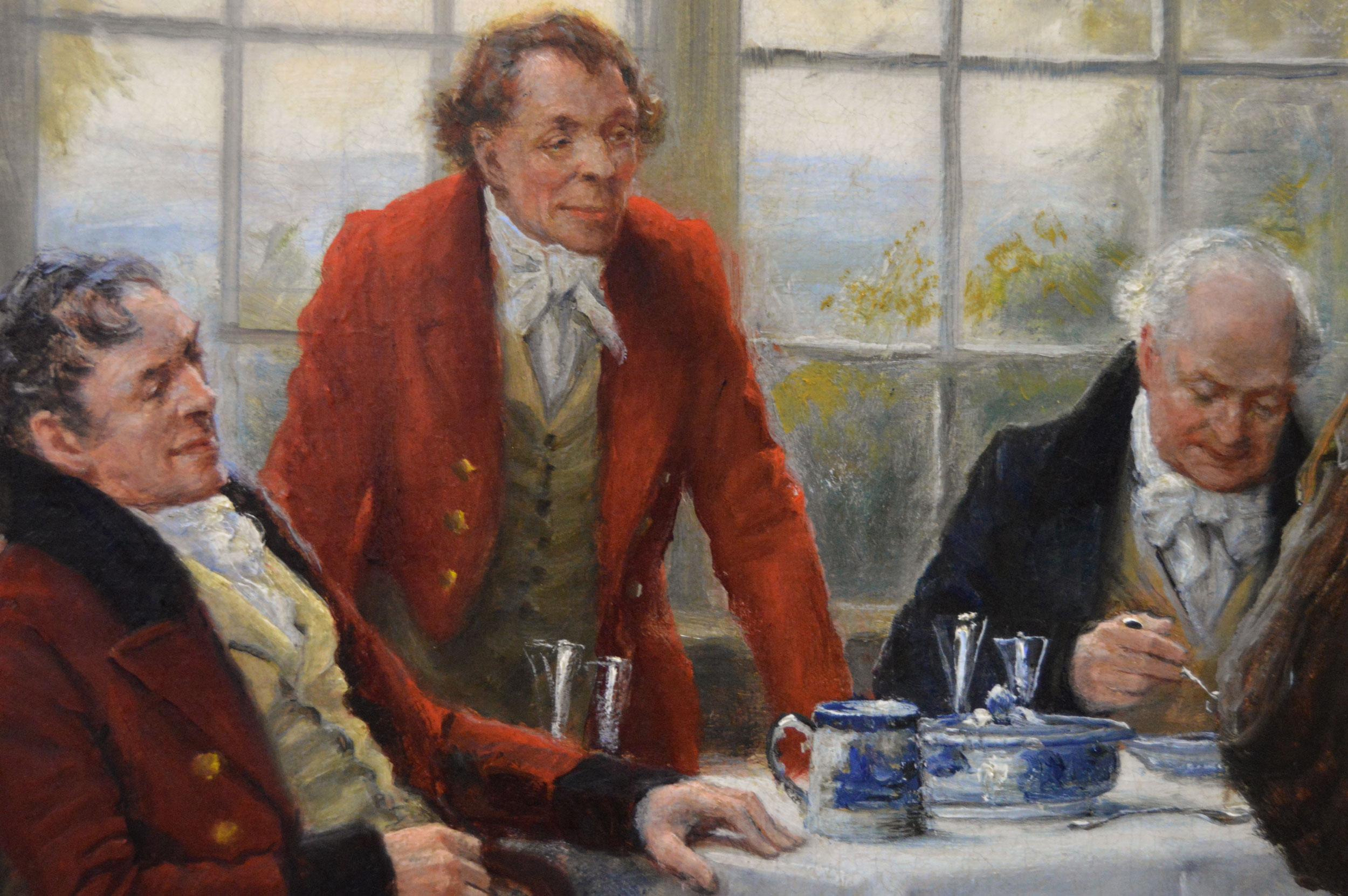 Historisches Genre-Ölgemälde einer Gruppe von Herren in einem Landhaus 1