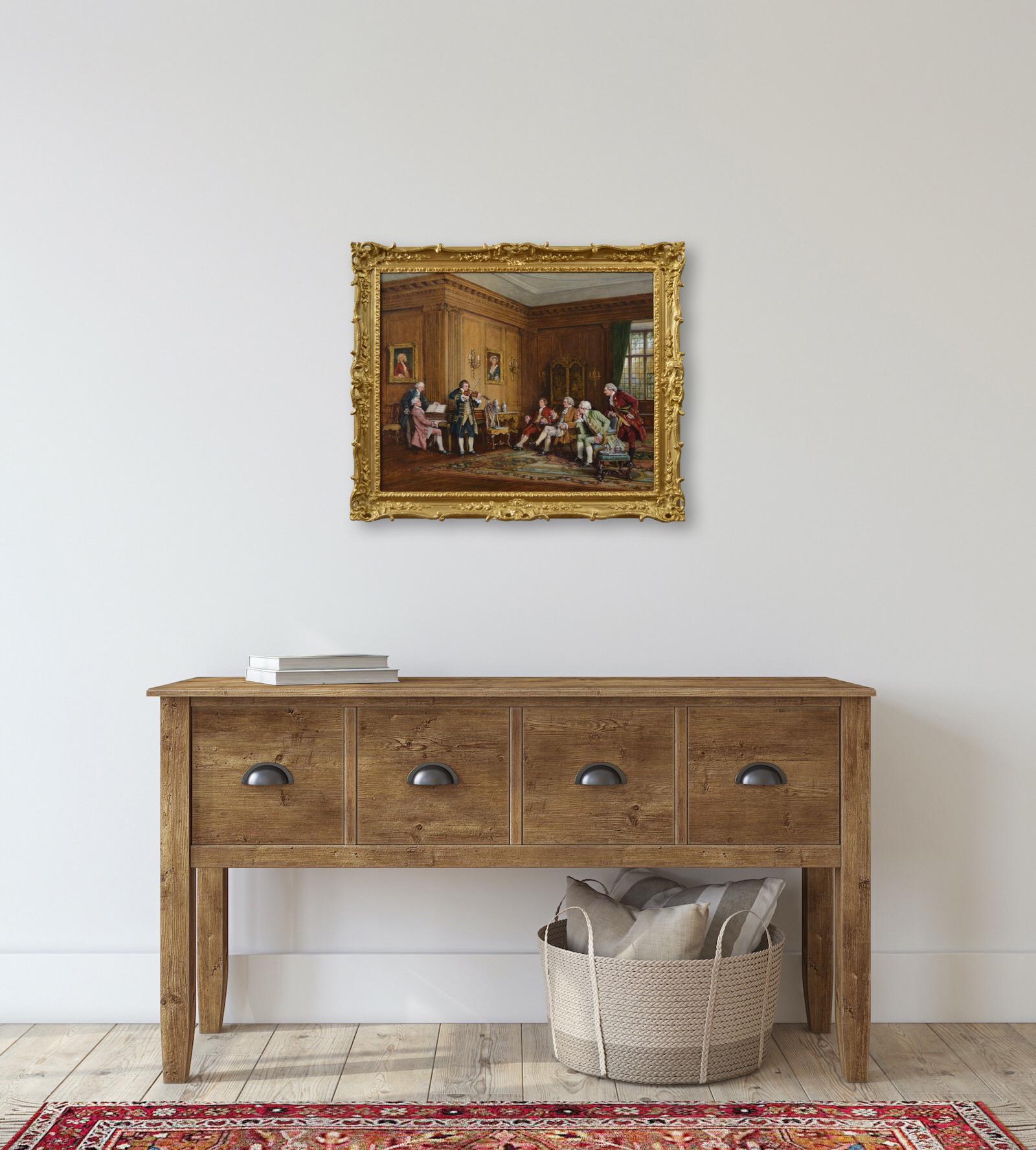 Quadro ad olio di genere storico raffigurante un gruppo di gentiluomini che ascoltano la musica 7