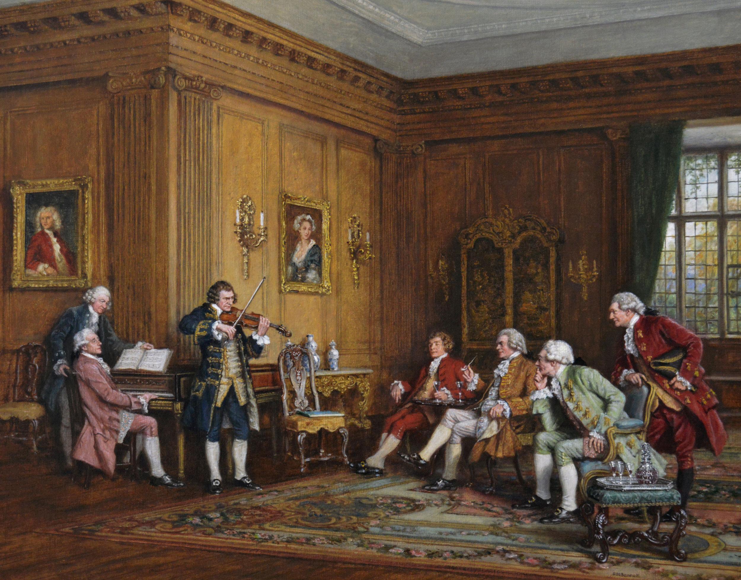 Historical genre oil painting of a group of gentlemen listening to music - Painting by Frank Moss Bennett
