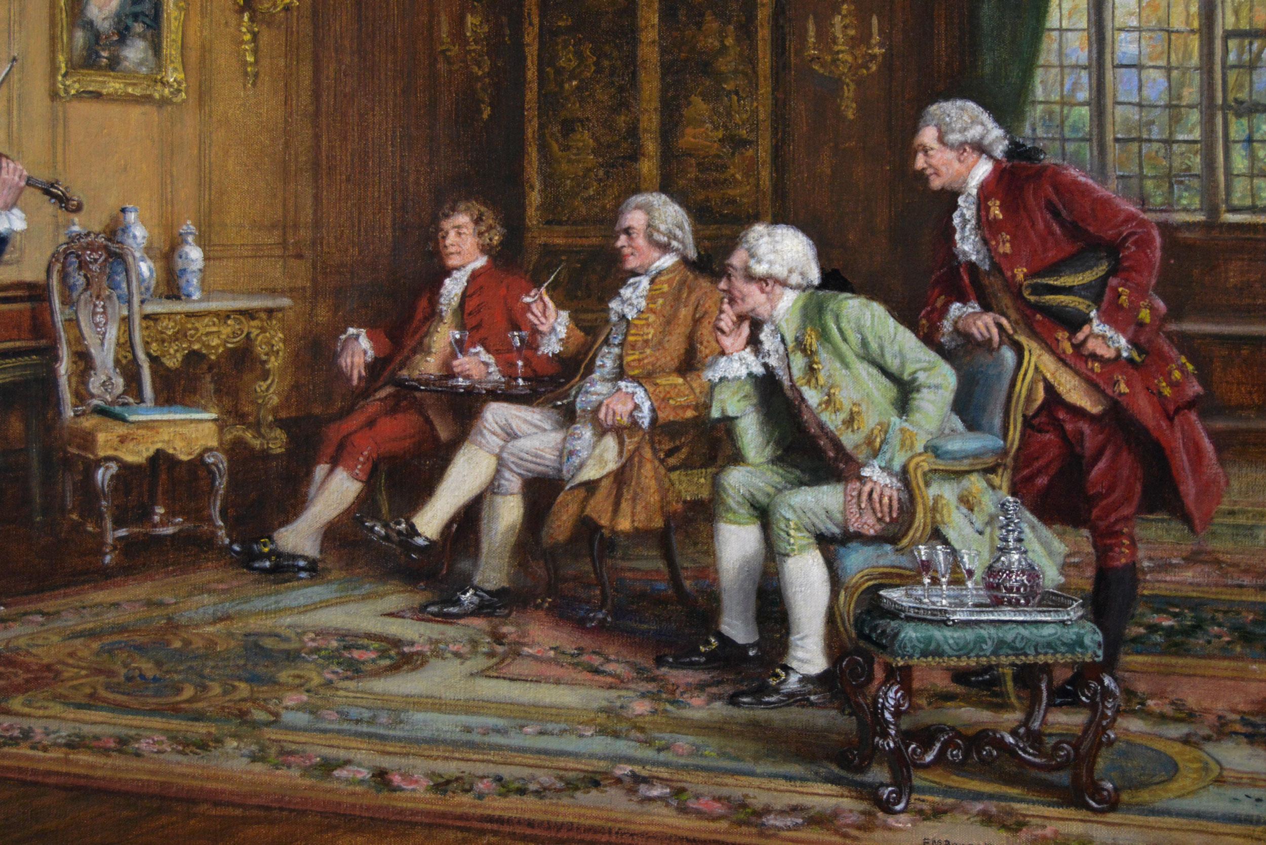 Historical genre oil painting of a group of gentlemen listening to music - Victorian Painting by Frank Moss Bennett