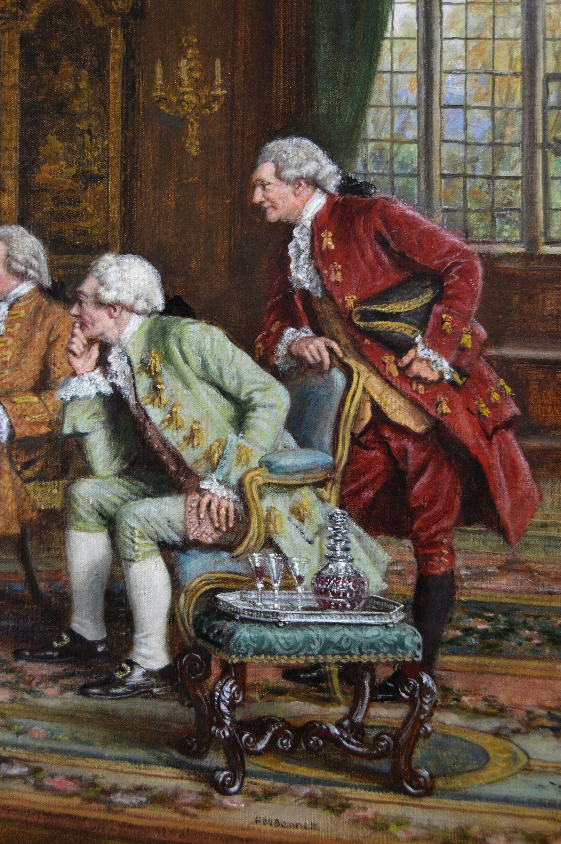 Frank Moss Bennett
British, (1874-1952)
A Musical Interlude
Oil on canvas, signed
Image size: 23.5 inches x 29.5 inches 
Size including frame: 29.75 inches x 35.75 inches

A wonderful genre painting of a group of gentlemen in 18th century costume