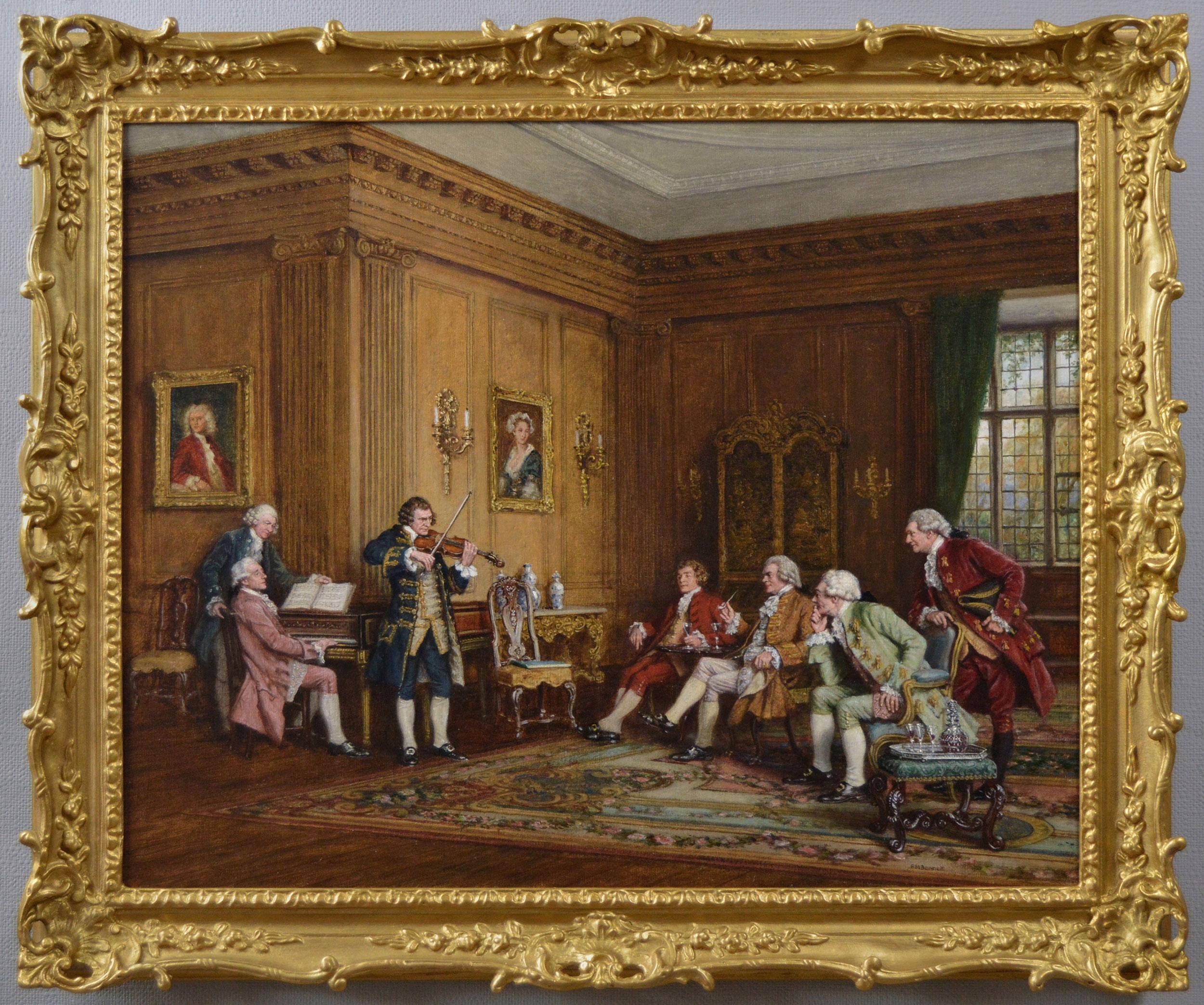 Frank Moss Bennett Figurative Painting - Historical genre oil painting of a group of gentlemen listening to music