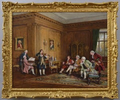 Historical genre oil painting of a group of gentlemen listening to music