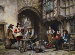Historical genre oil painting of a man sharpening swords