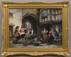 Historical genre oil painting of a man sharpening swords