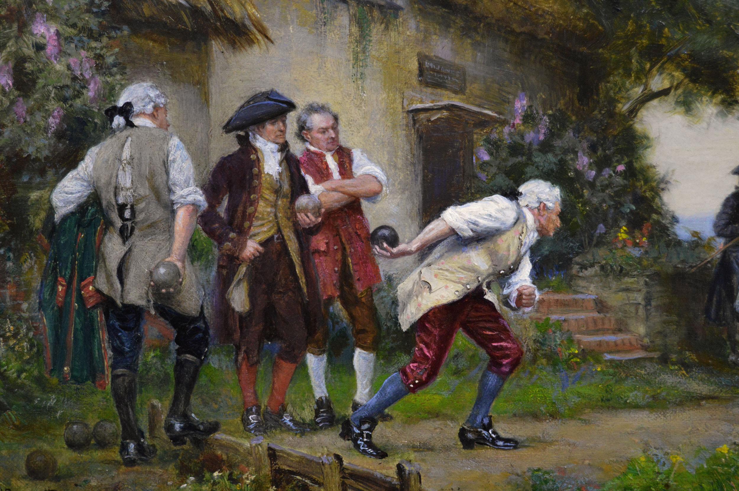Historical genre oil painting of gentlemen playing bowls - Victorian Painting by Frank Moss Bennett