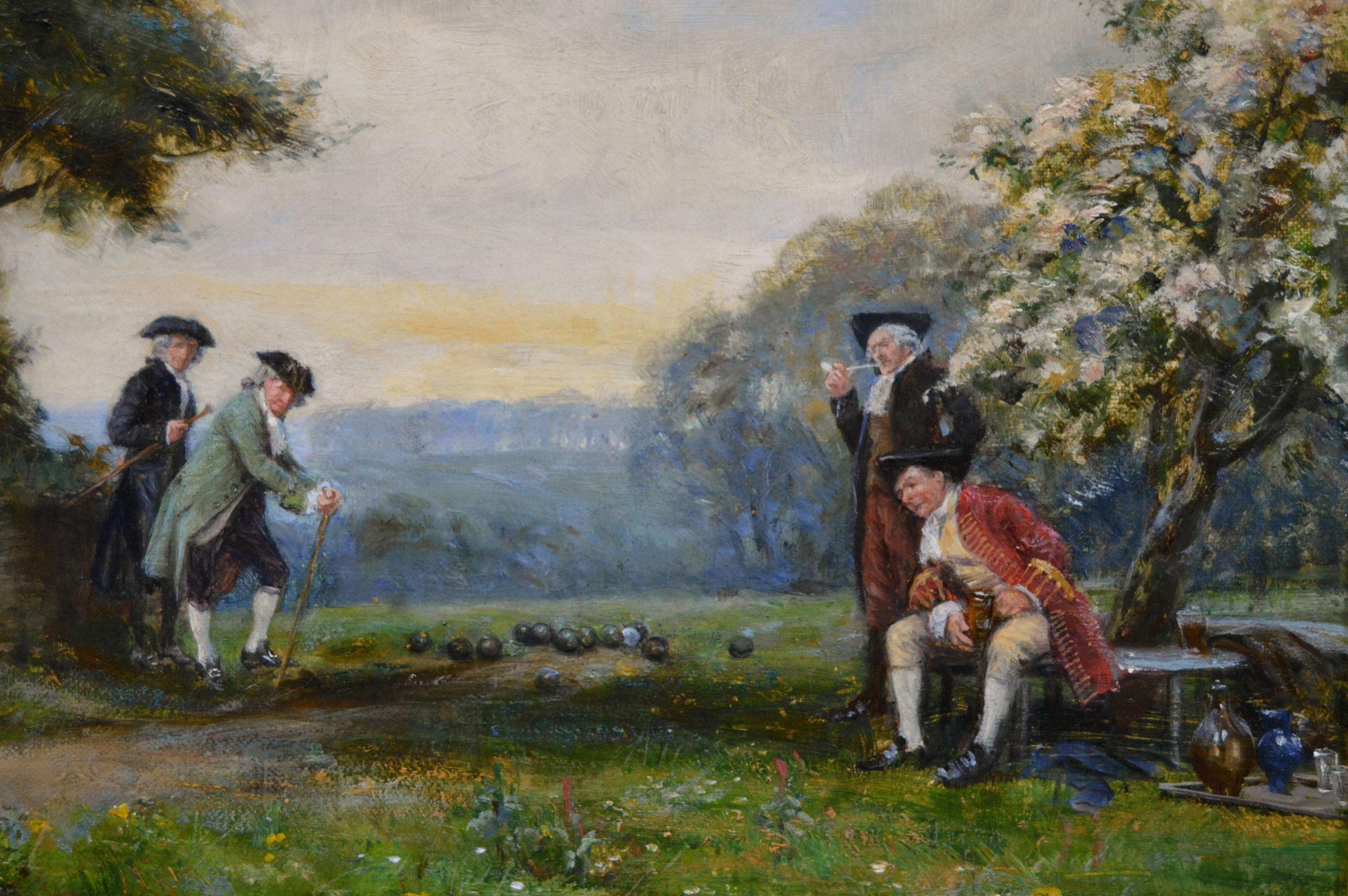 Historical genre oil painting of gentlemen playing bowls - Brown Figurative Painting by Frank Moss Bennett
